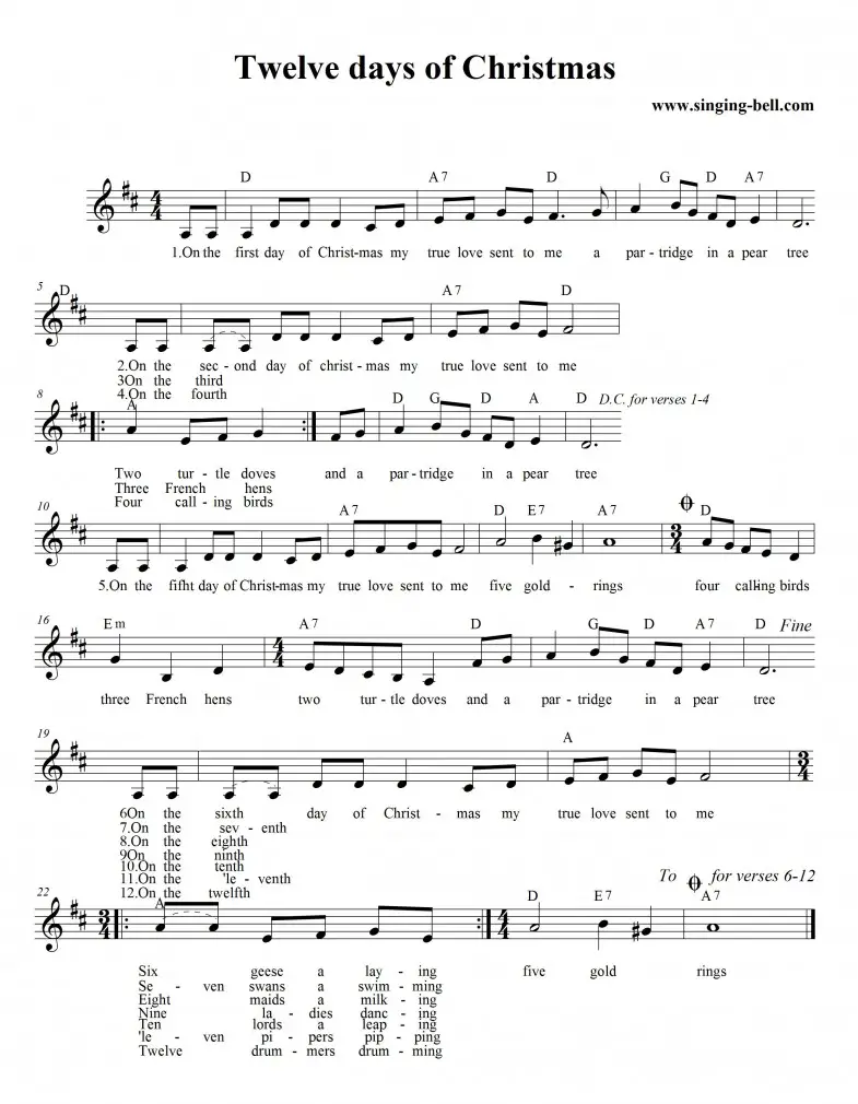 The 12 Days of Christmas - Simple Sheet Music