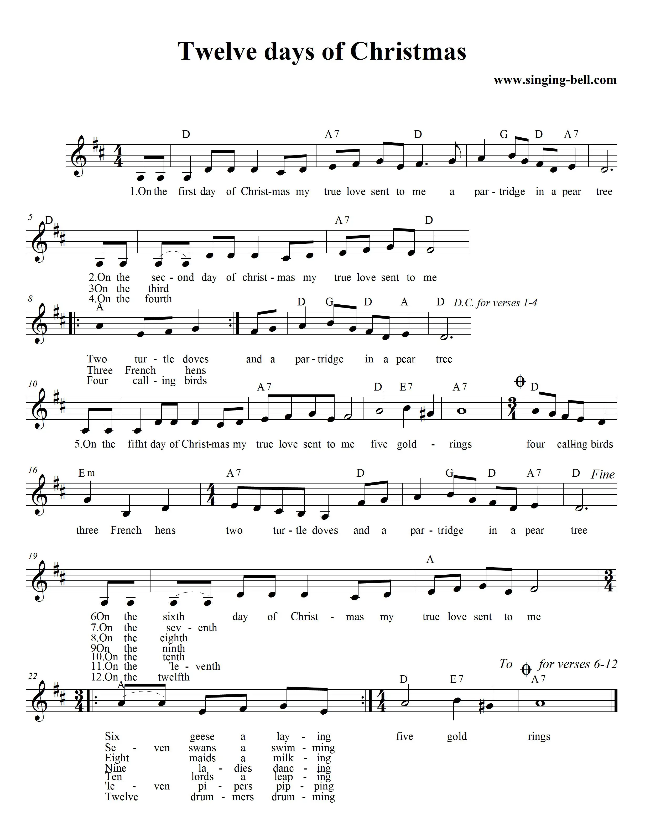 The 12 Days of Christmas - Free Christmas Music Score download