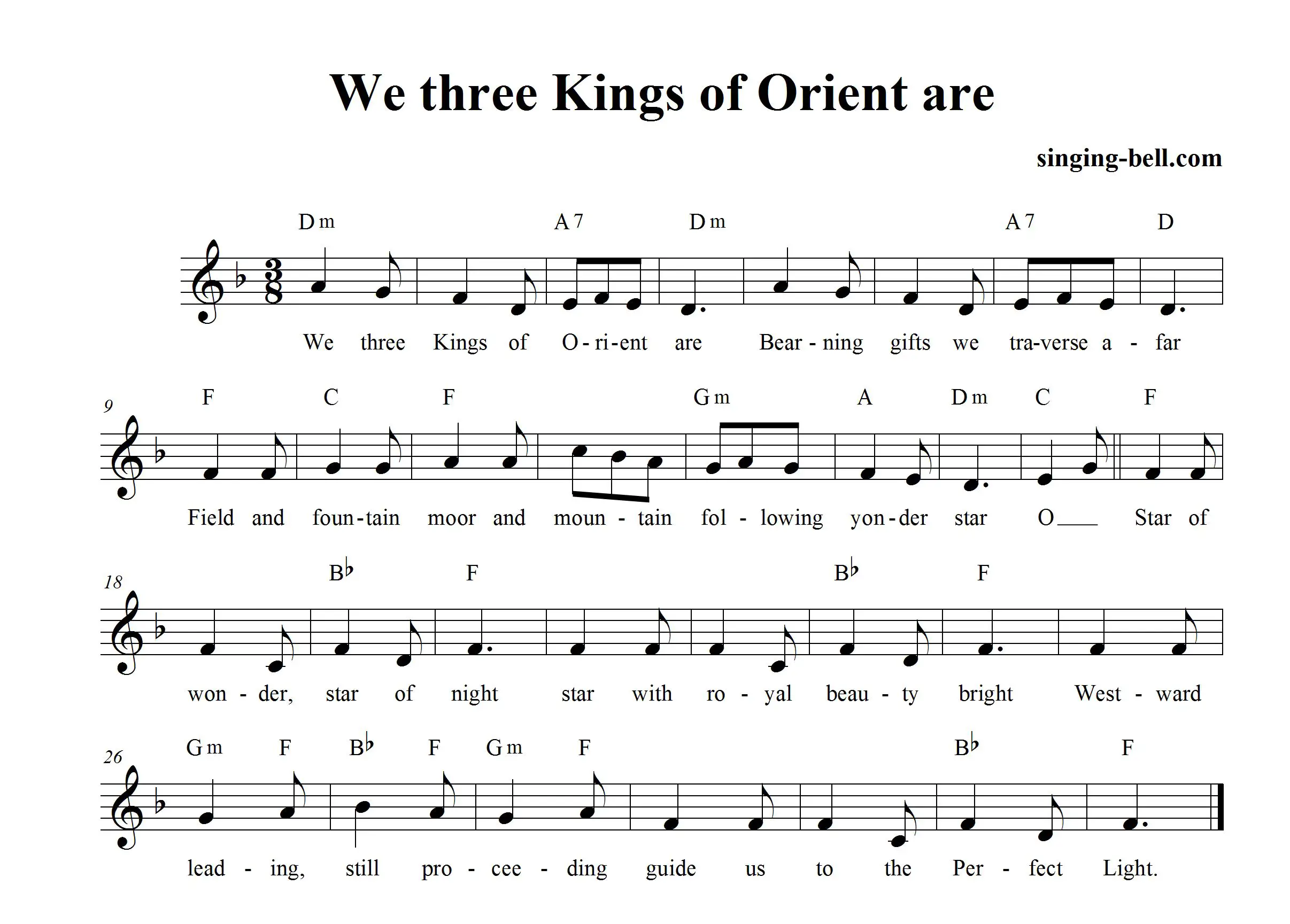 We Three Kings (of Orient Are) - Music Score (in Dm)