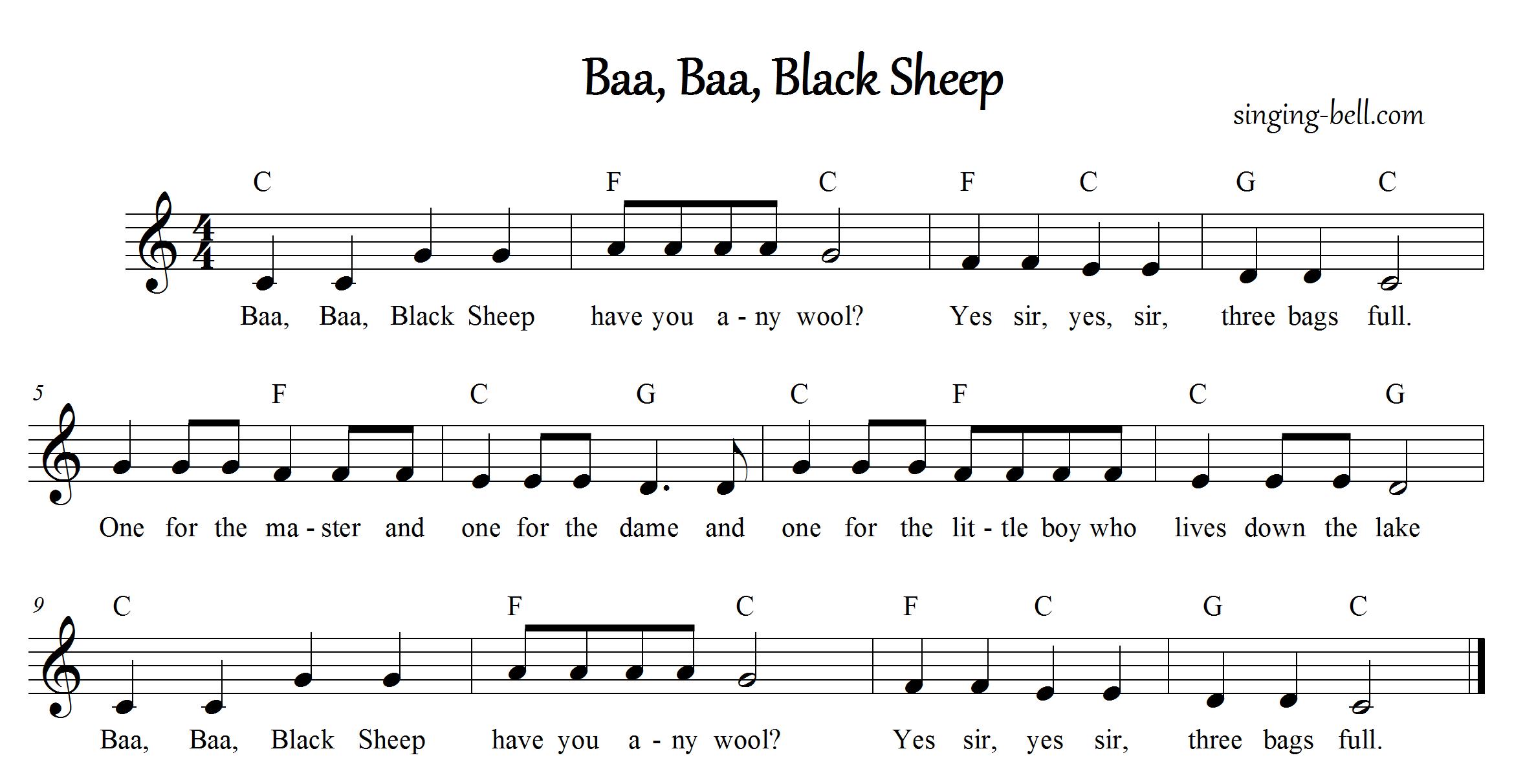 Baa Baa Black Sheep Instrumental Nursery Rhyme - Free Music Score Download (in C)