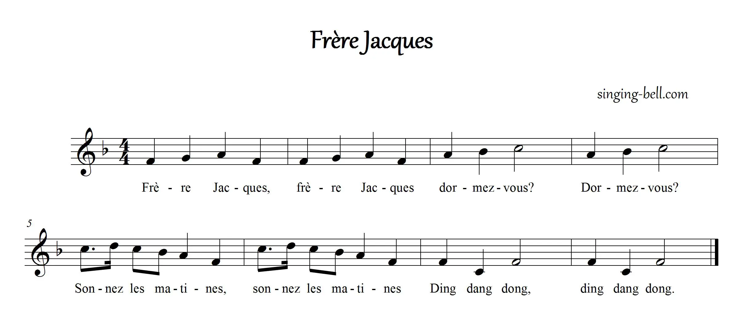 “Frère Jacques” Music Score / sheet music in F