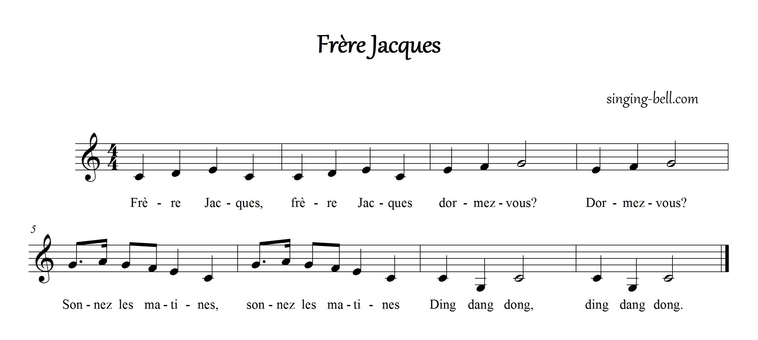 “Fr¨re Jacques” Music Score sheet music in C partition avec des accords en Do majeur