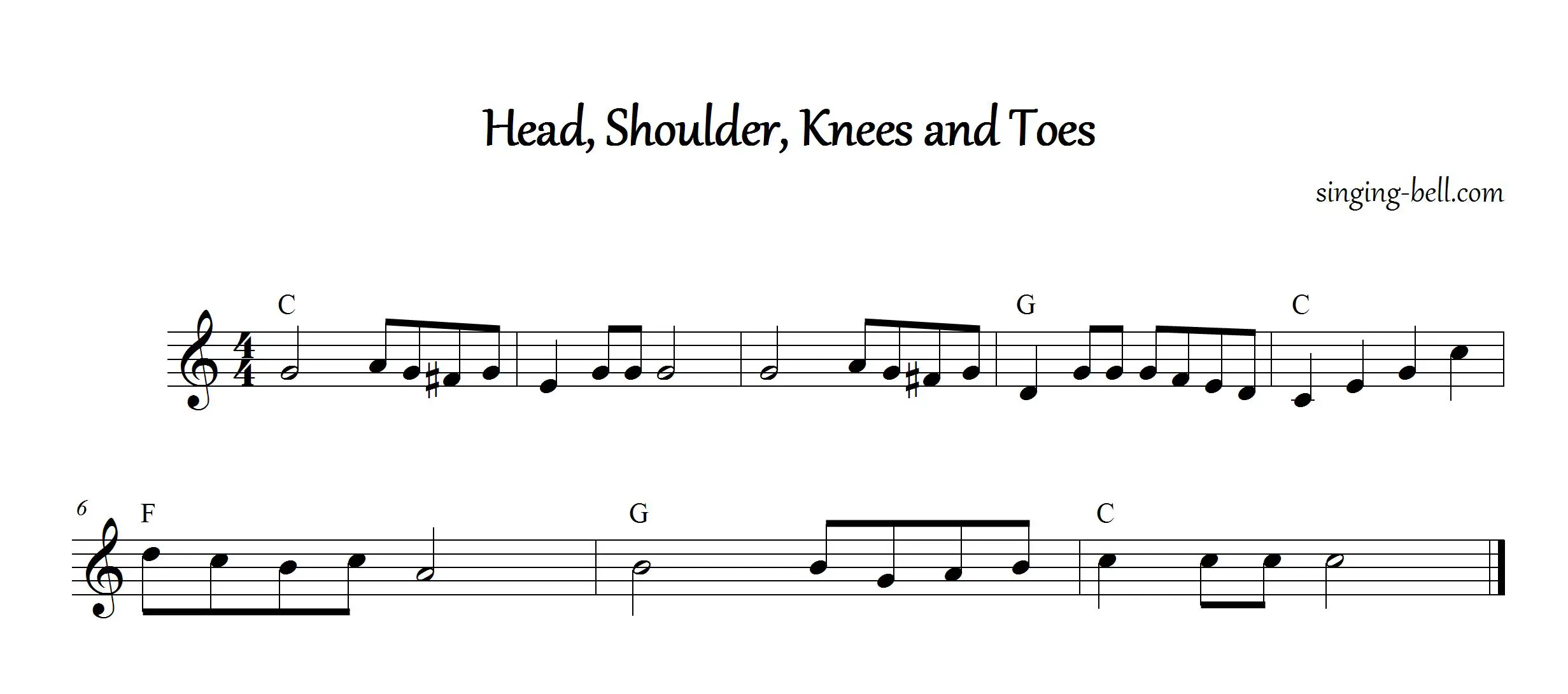 Head,Shoulder,Knees and Toes Instrumental Nursery Rhyme - Free Music Score Download (in C)