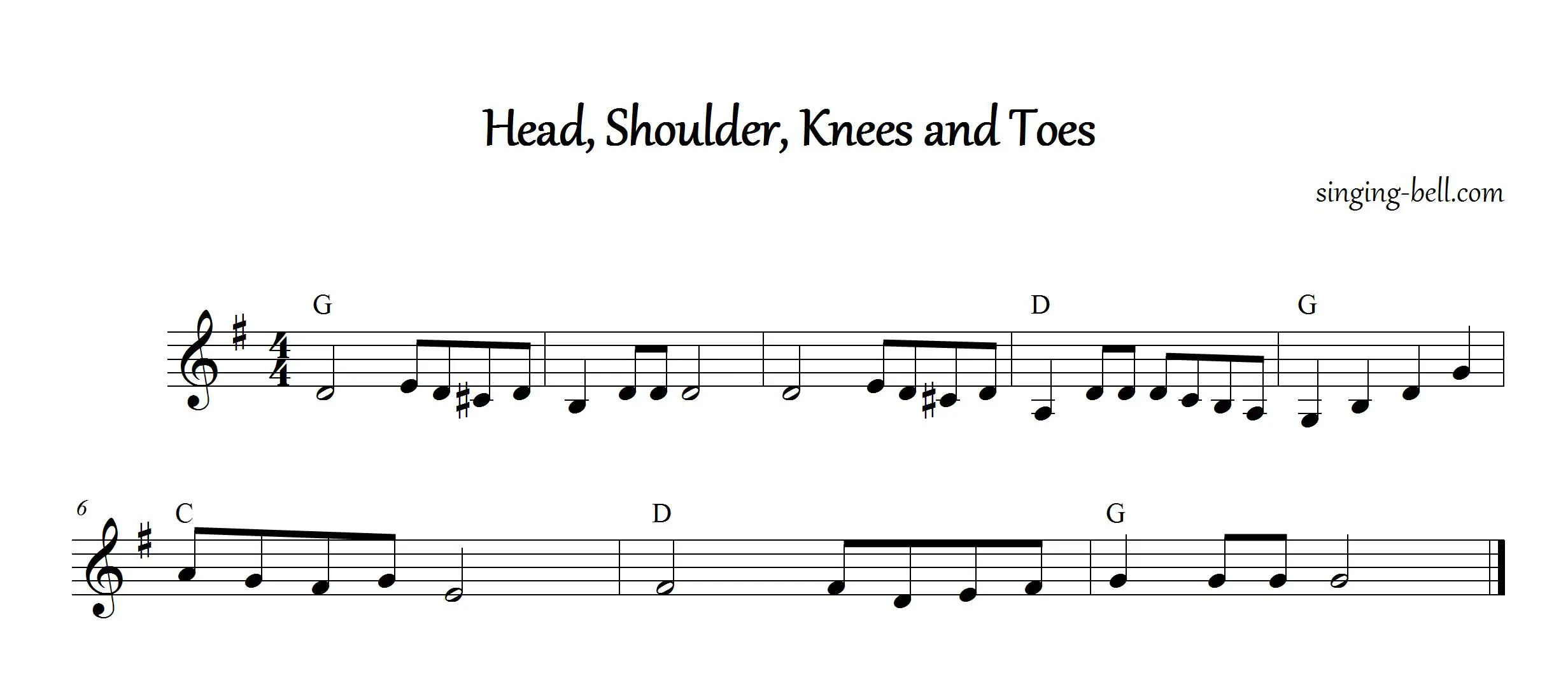 Head,Shoulder,Knees and Toes Instrumental Nursery Rhyme - Free Music Score Download (in G)