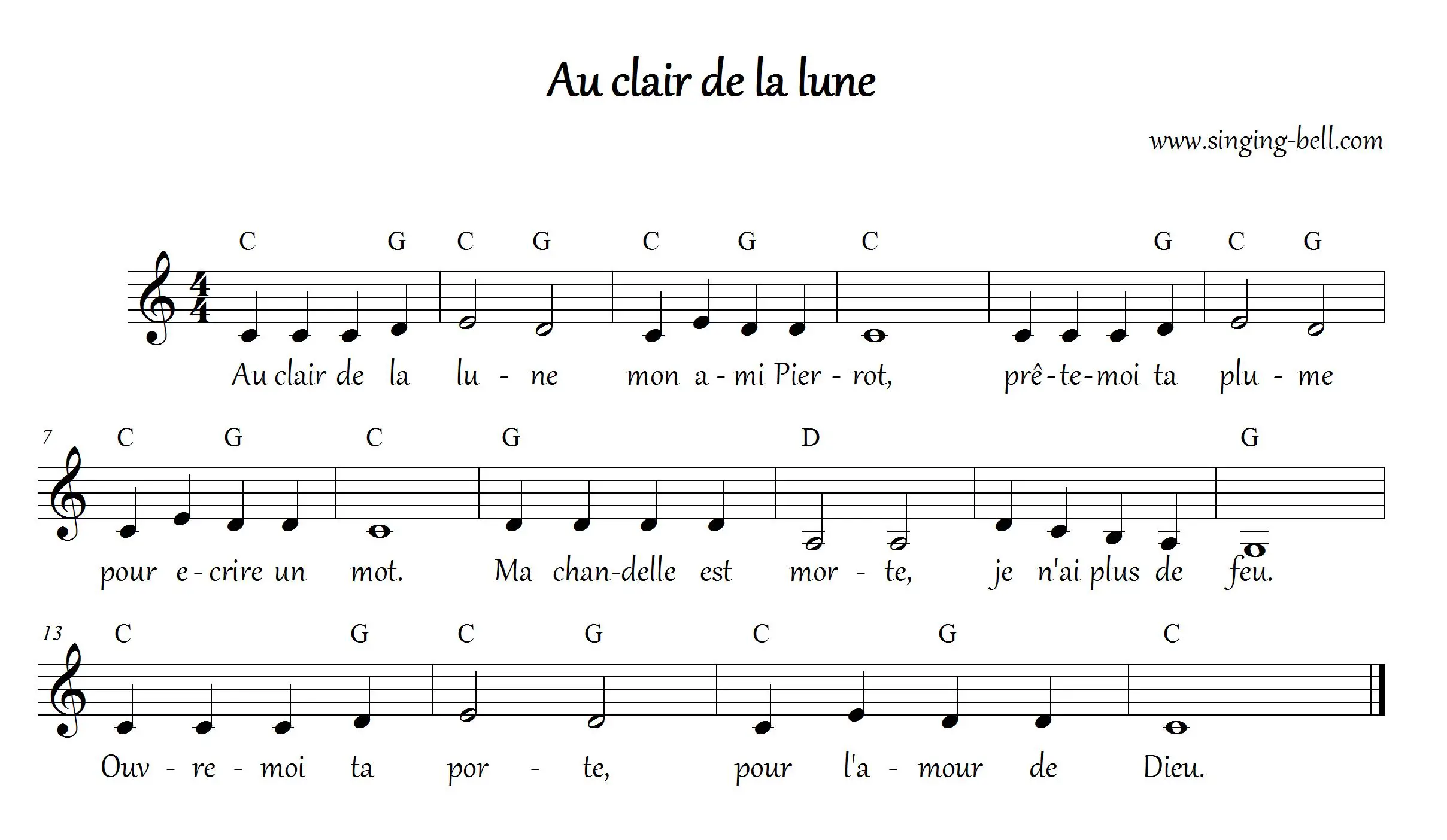Au clair de la lune Instrumental Nursery Rhyme - Free Music Score Download (in C)