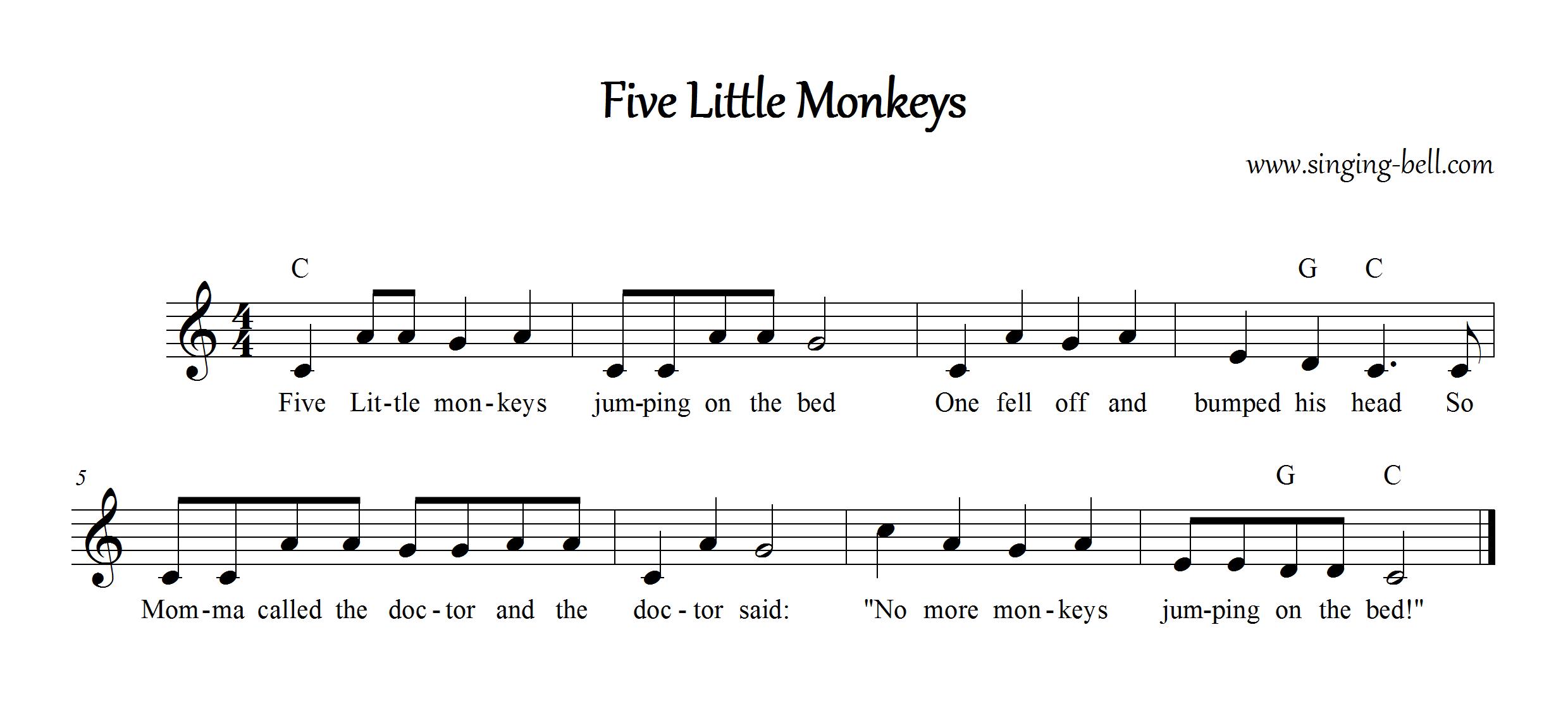 Five Little Monkeys Instrumental Nursery Rhyme - Free Music Score Download Five Little Monkeys Sheet Music in C