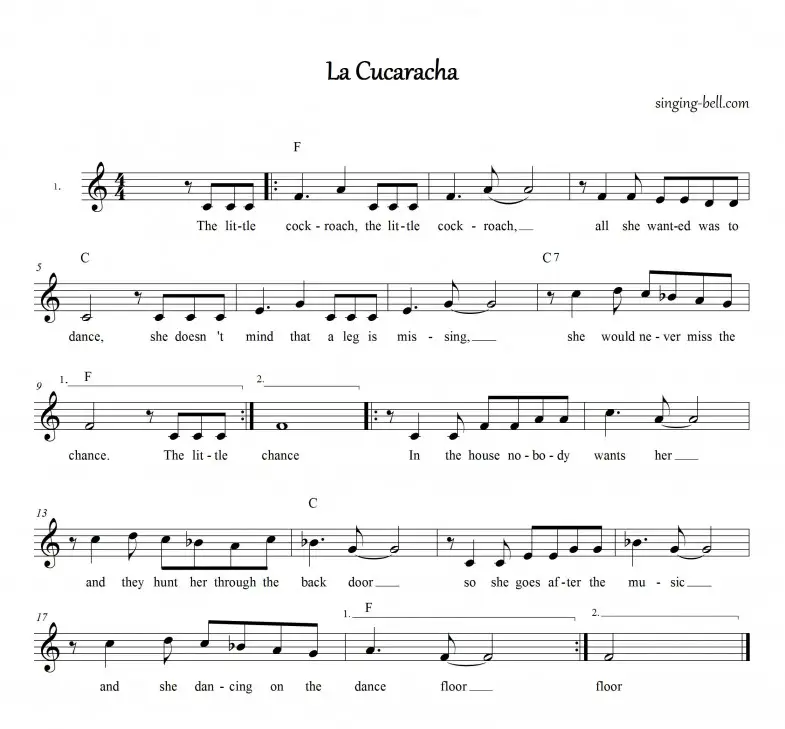 La Cucaracha Sheet Music in F