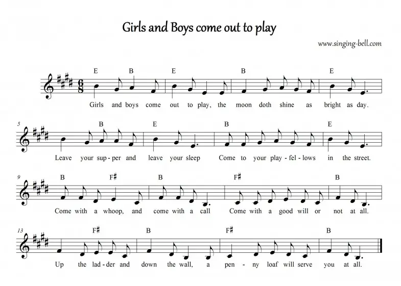 “Girls and Boys Come Out To Play” Music Score with chords Girls an Boys come out to play_Singing Bell