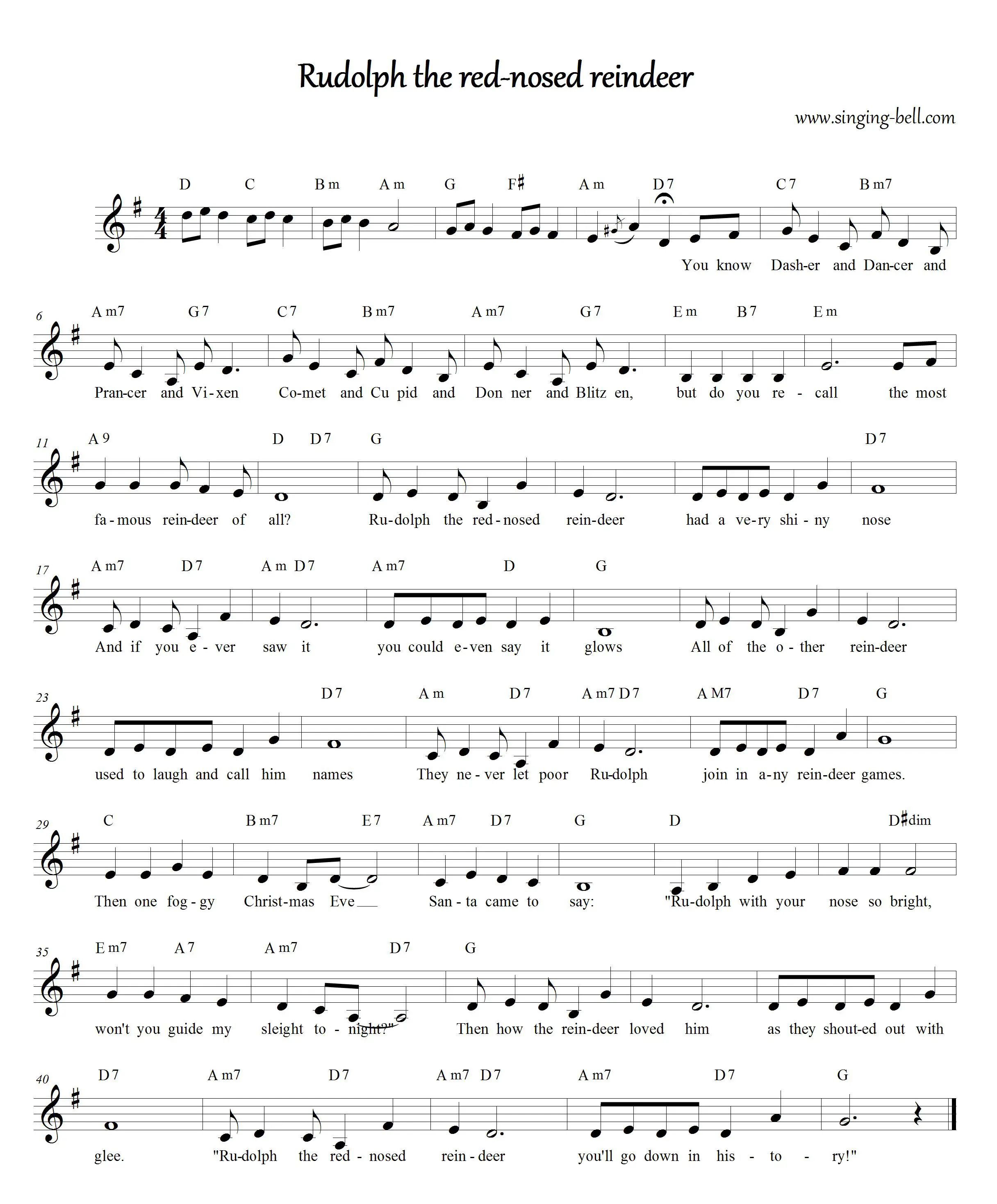 Rudolph, the red-nosed reindeer - Free Christmas sheet music download in D