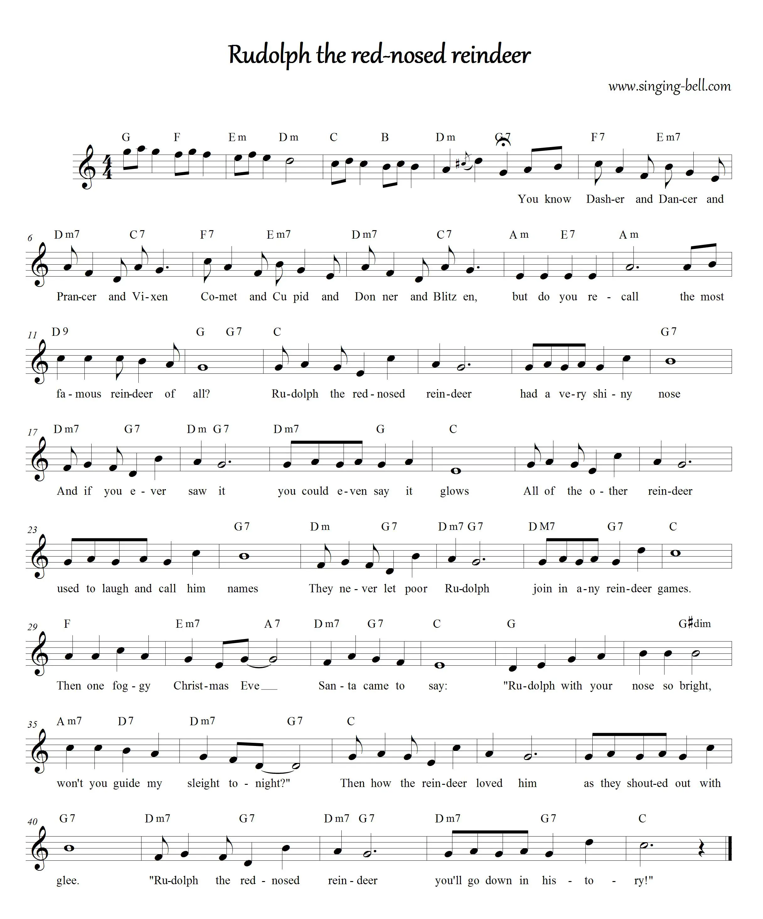 Rudolph, the red-nosed reindeer - Free Christmas music score download
