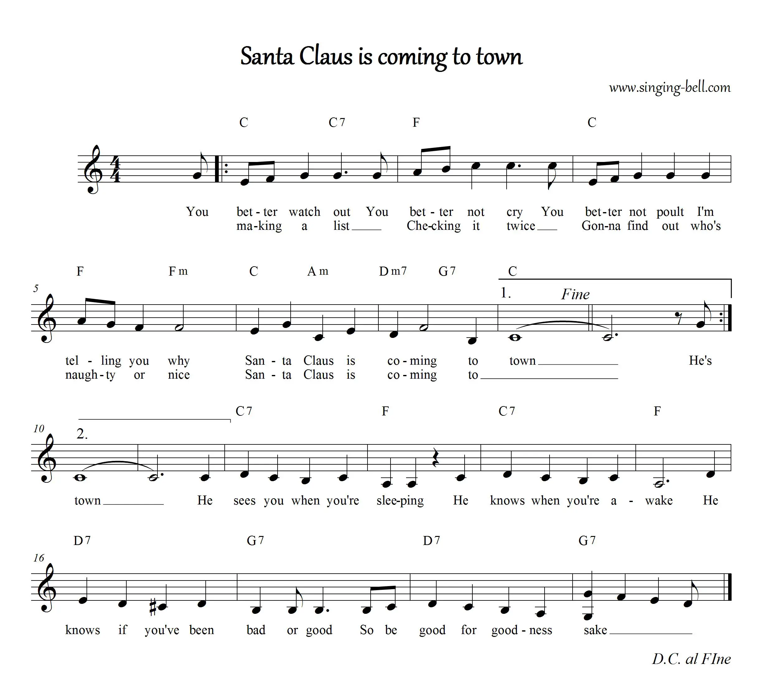 Santa Claus is Coming to Town - Christmas Music Score (in C)