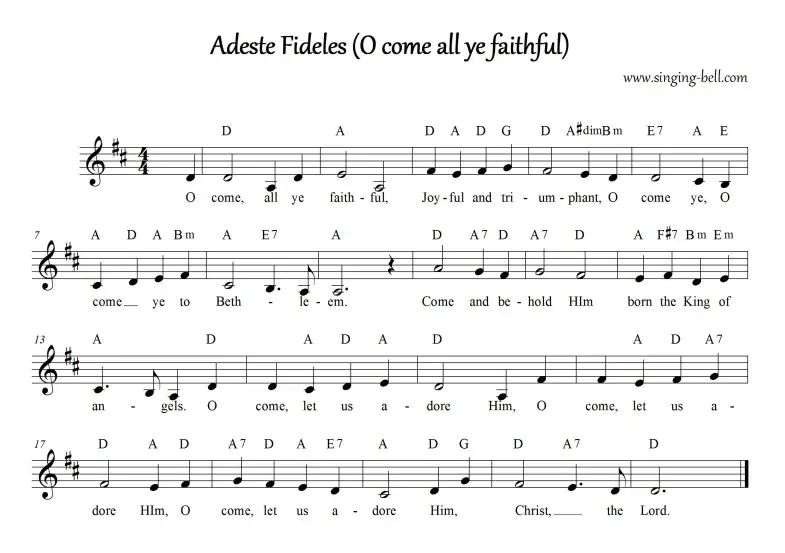 O Come All Ye Faithful (Adeste Fideles) - Simple Sheet Music (in D)