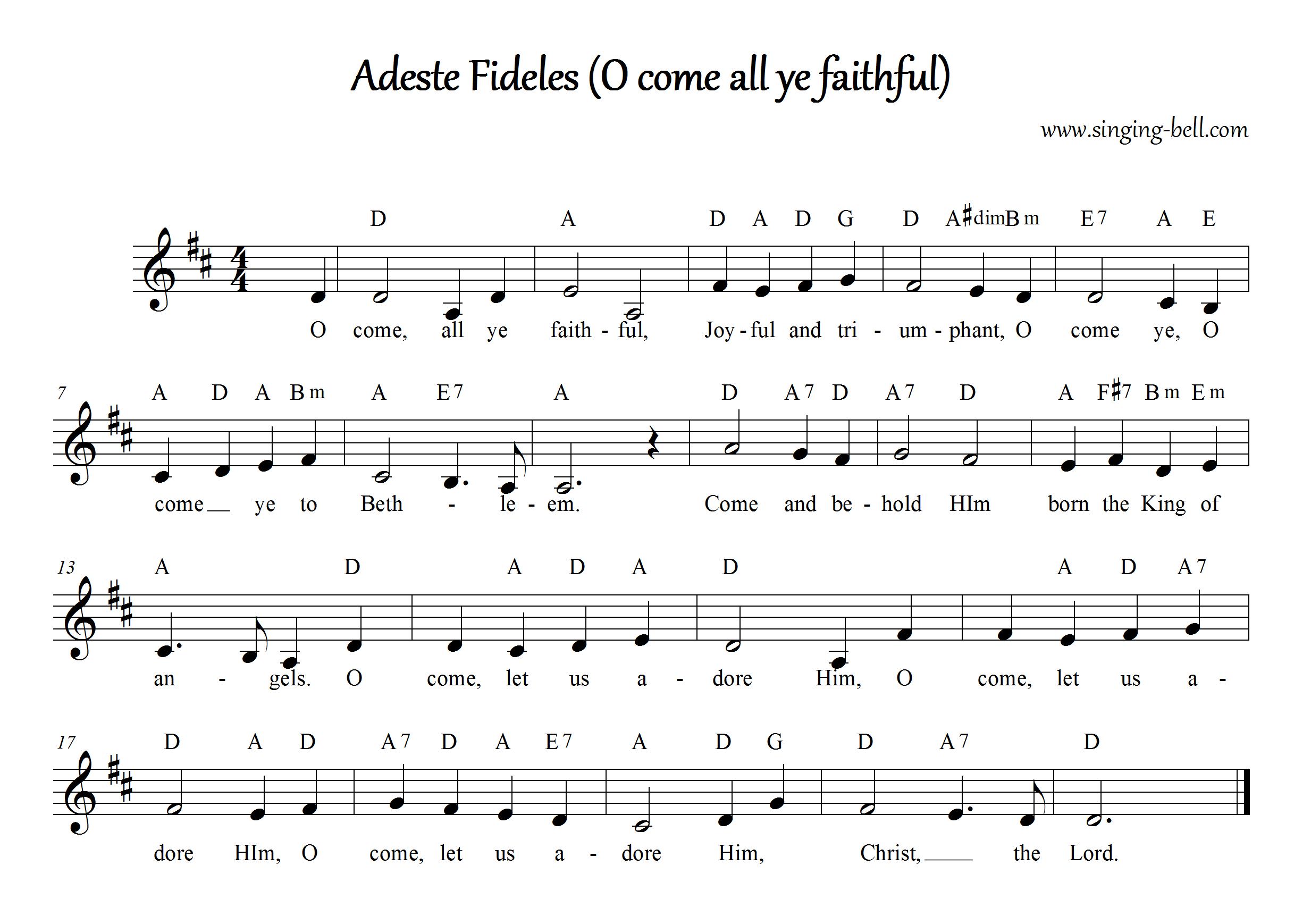 O Come All Ye Faithful (Adeste Fideles) - Simple Sheet Music (in D) : Singing Bell O Come All Ye Faithful (Adeste Fideles) - Christmas Music Score (in D)