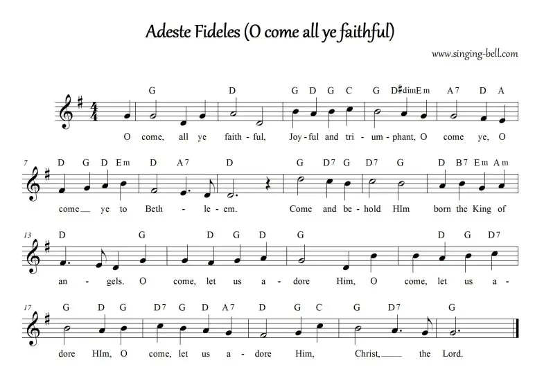 O Come All Ye Faithful (Adeste Fideles) - Simple Sheet Music (in G)