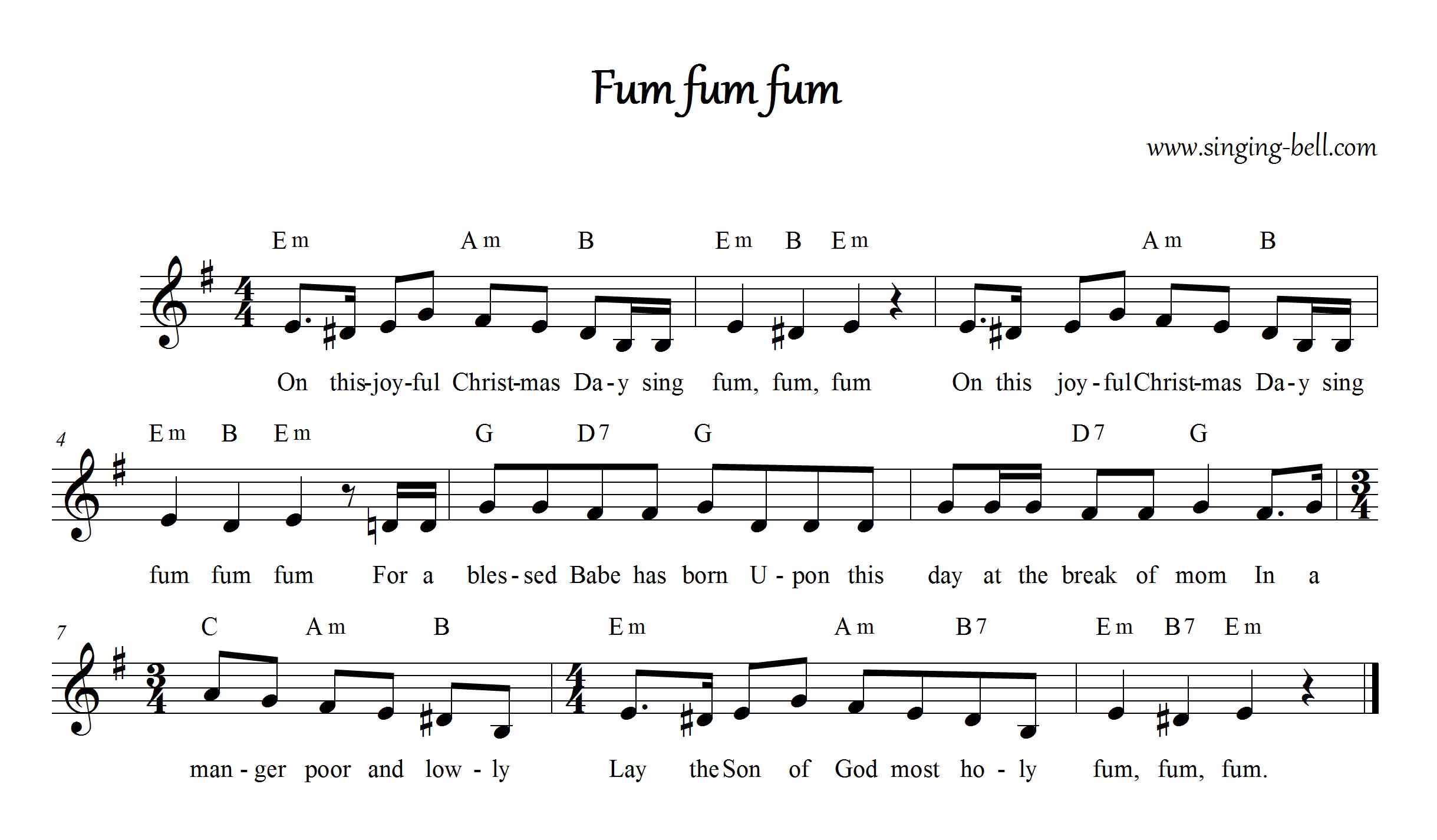 Fum Fum Fum (English) - Christmas Music Score (in Em)