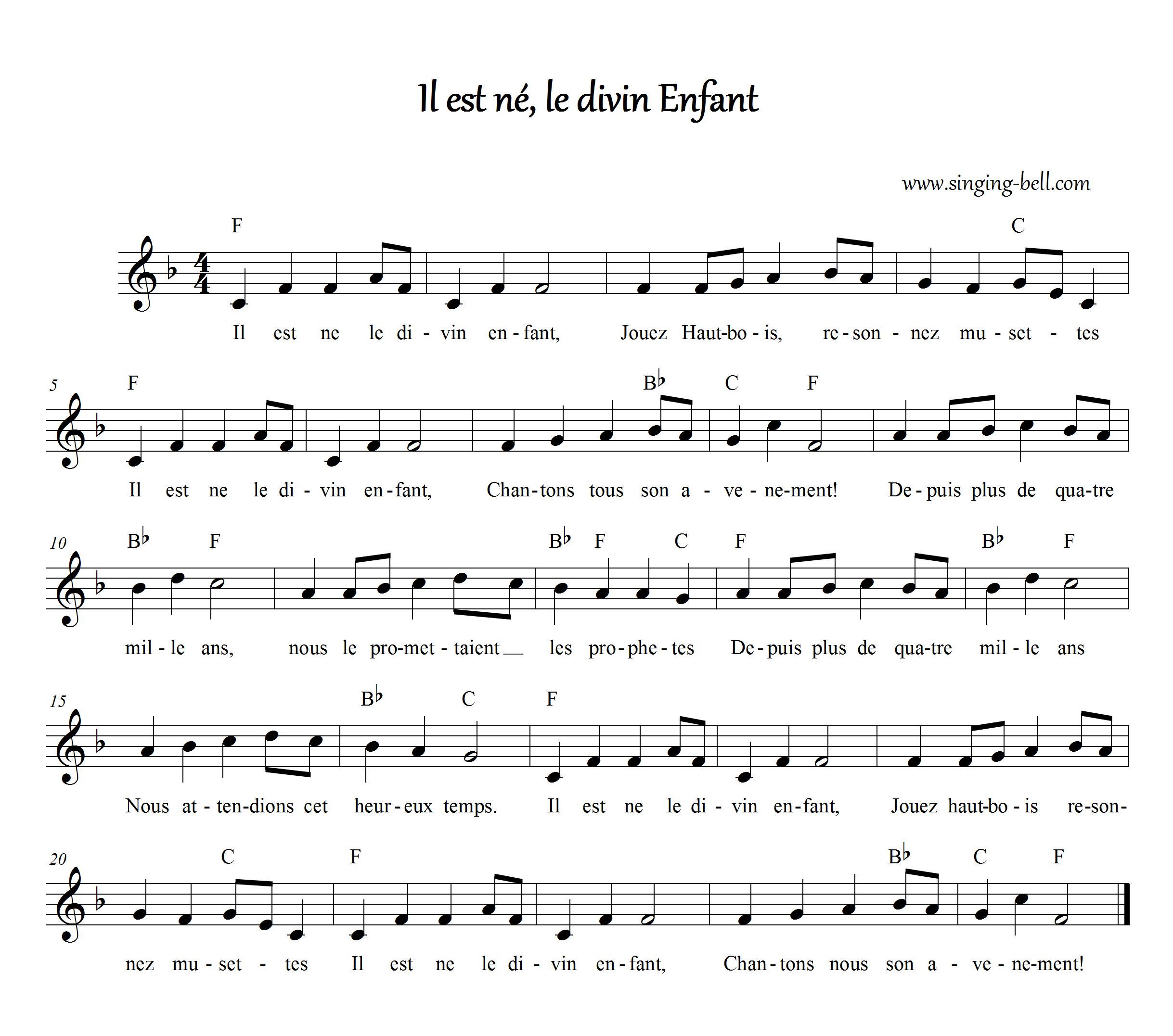 IlEstNeLeDivin_F_SInging Bell : Singing Bell Il est ne, le divin Enfant - Christmas Music Score (in F)