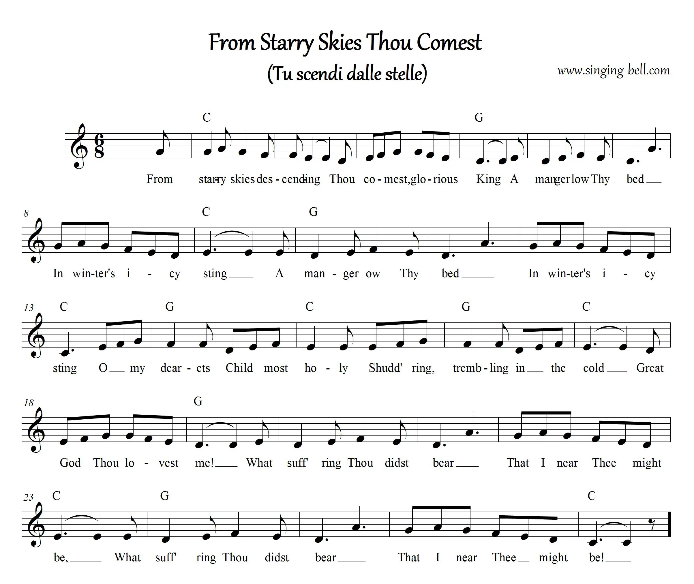 From starry skies (Tu scendi dalle stelle) Free Christmas Music Score Download (in C)