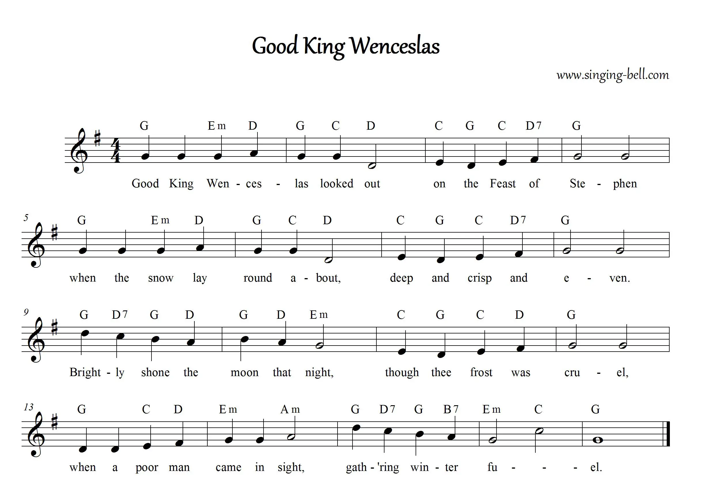 Good King Wenceslas - Christmas Music Score (in G)