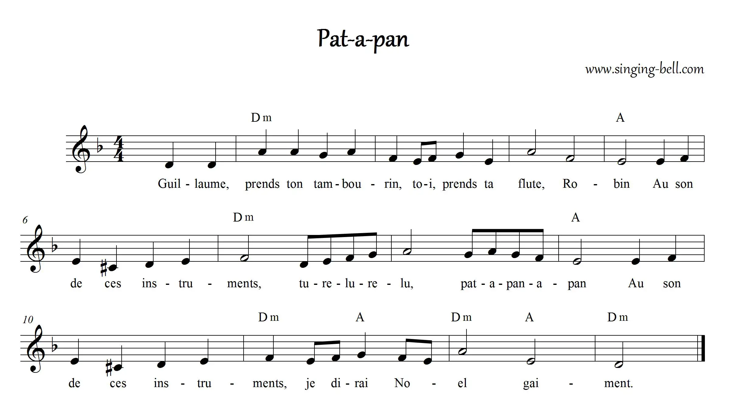 Pat-a-pan (Patapan) - Christmas Music Score (in Dm)
