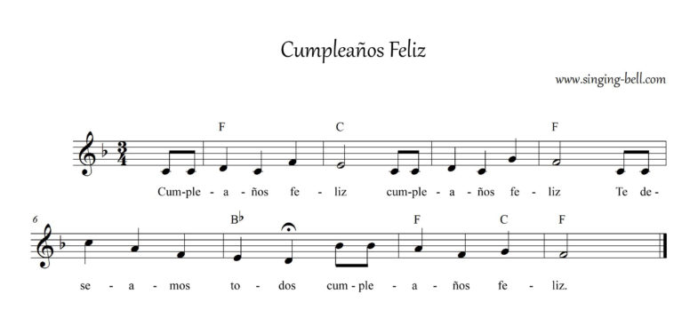 Cumpleaños Feliz, partitura en F : Singing Bell Cumpleaños Feliz, partitura en F