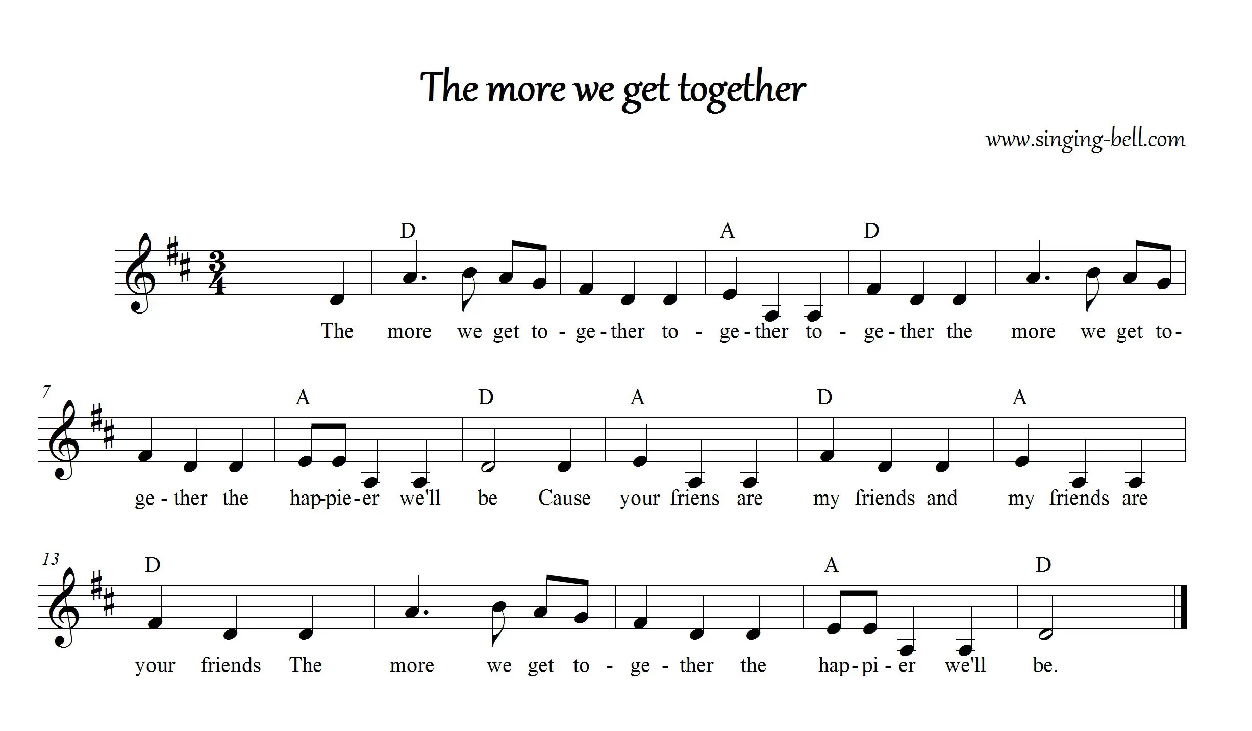 The More We Get Together Instrumental Nursery Rhyme - Free Music Score Download (in D)