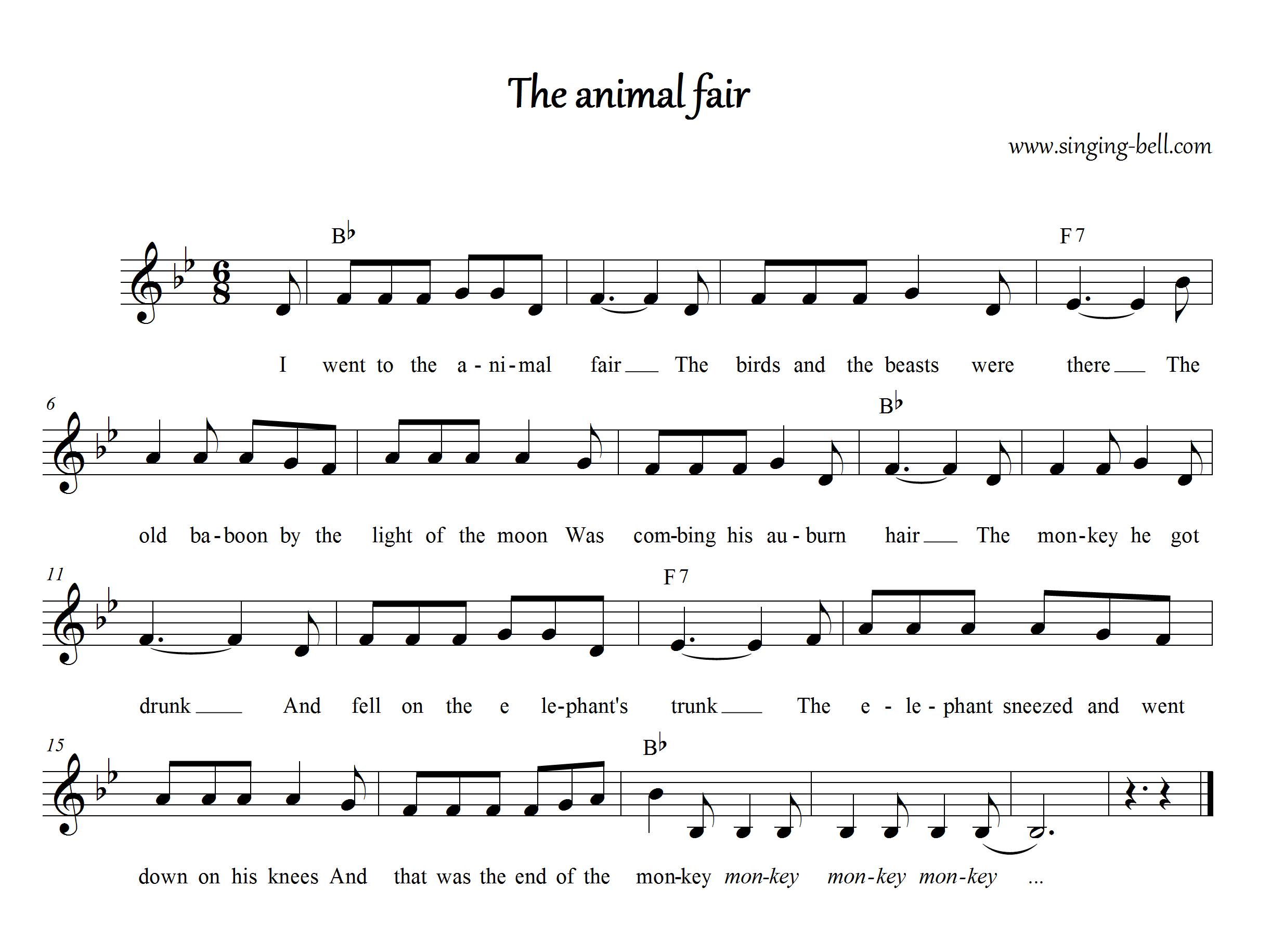 The Animal Fair Instrumental Nursery Rhyme - Free Music Score Download (in Bb) : Singing Bell The Animal Fair Sheet Music in Bb