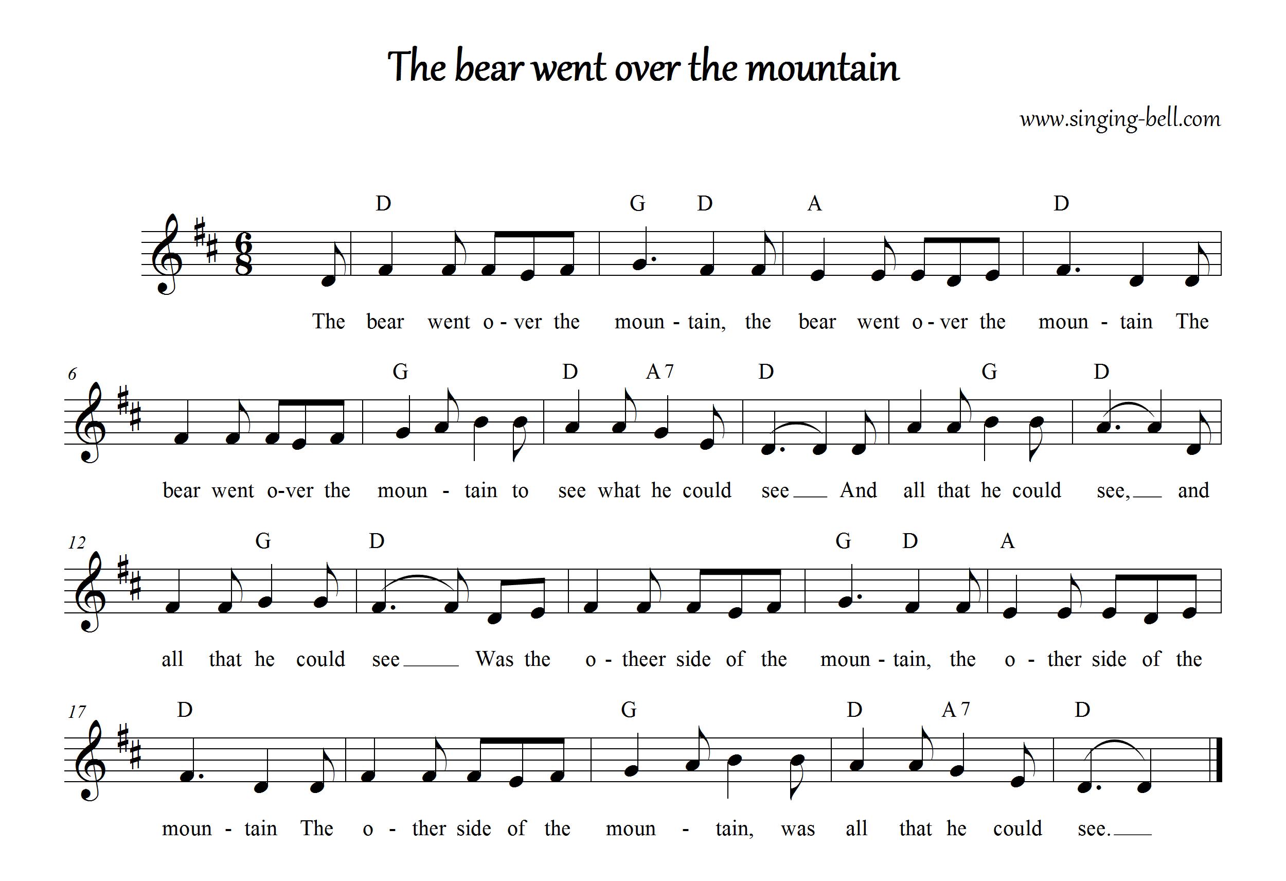 The bear went over the mountain Instrumental Nursery Rhyme - Free Music Score Download (in D) : Singing Bell The bear went over the mountain Sheet Music in D