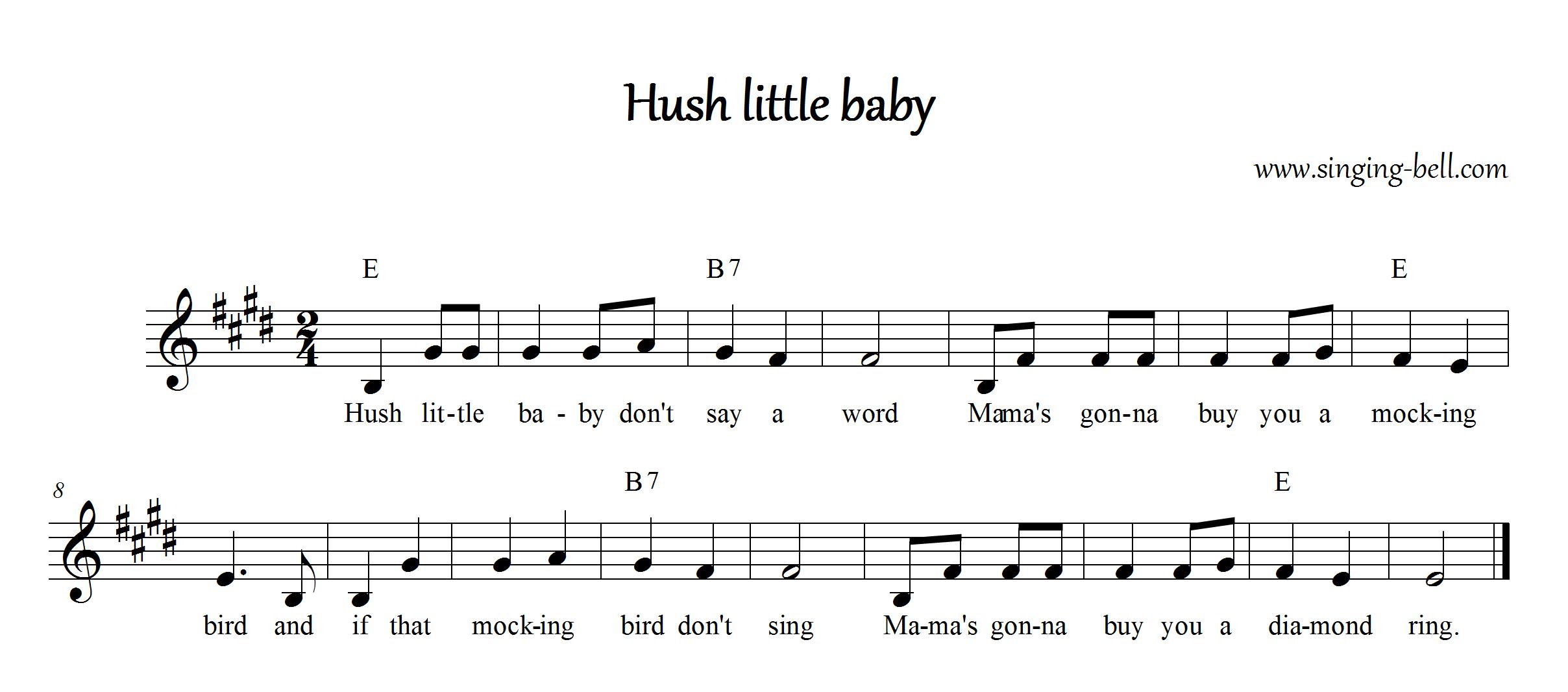 Hush Little Baby Instrumental Nursery Rhyme - Free Music Score Download (in E) : Singing Bell Hush Little Baby Sheet music in E