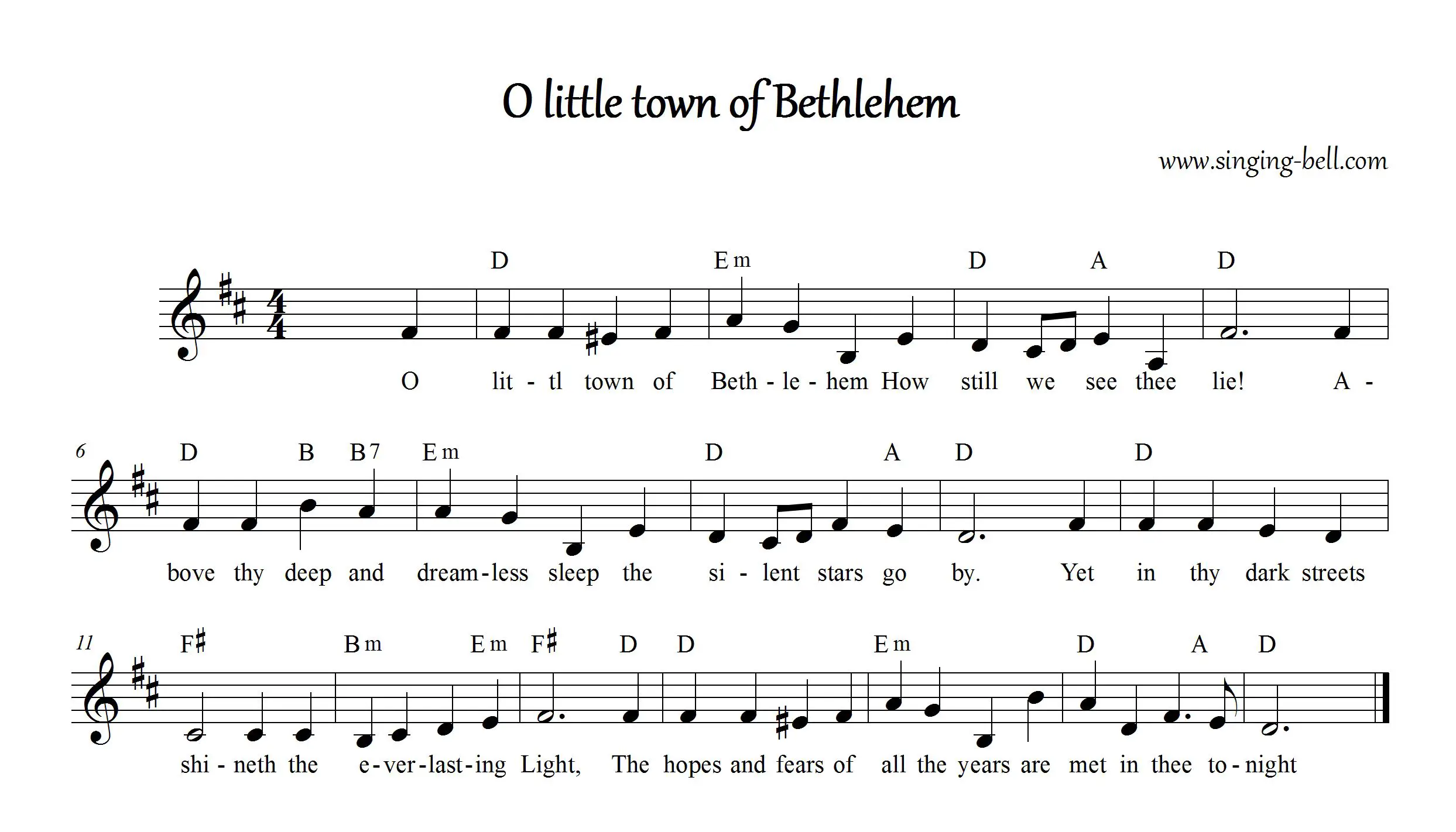 "O Little town of Bethlehem" | Free Score in D