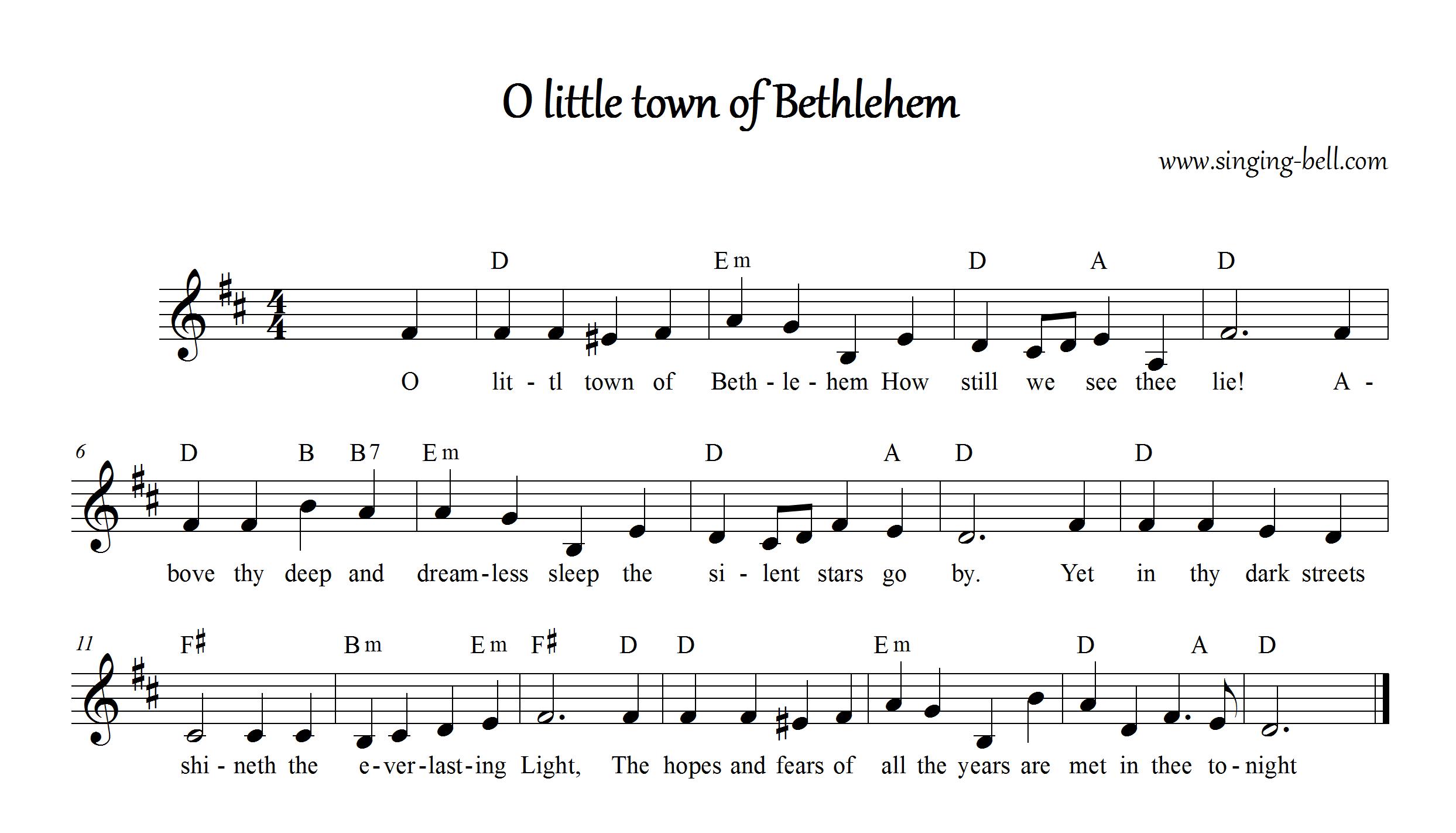 "O Little town of Bethlehem" | Free Score in D