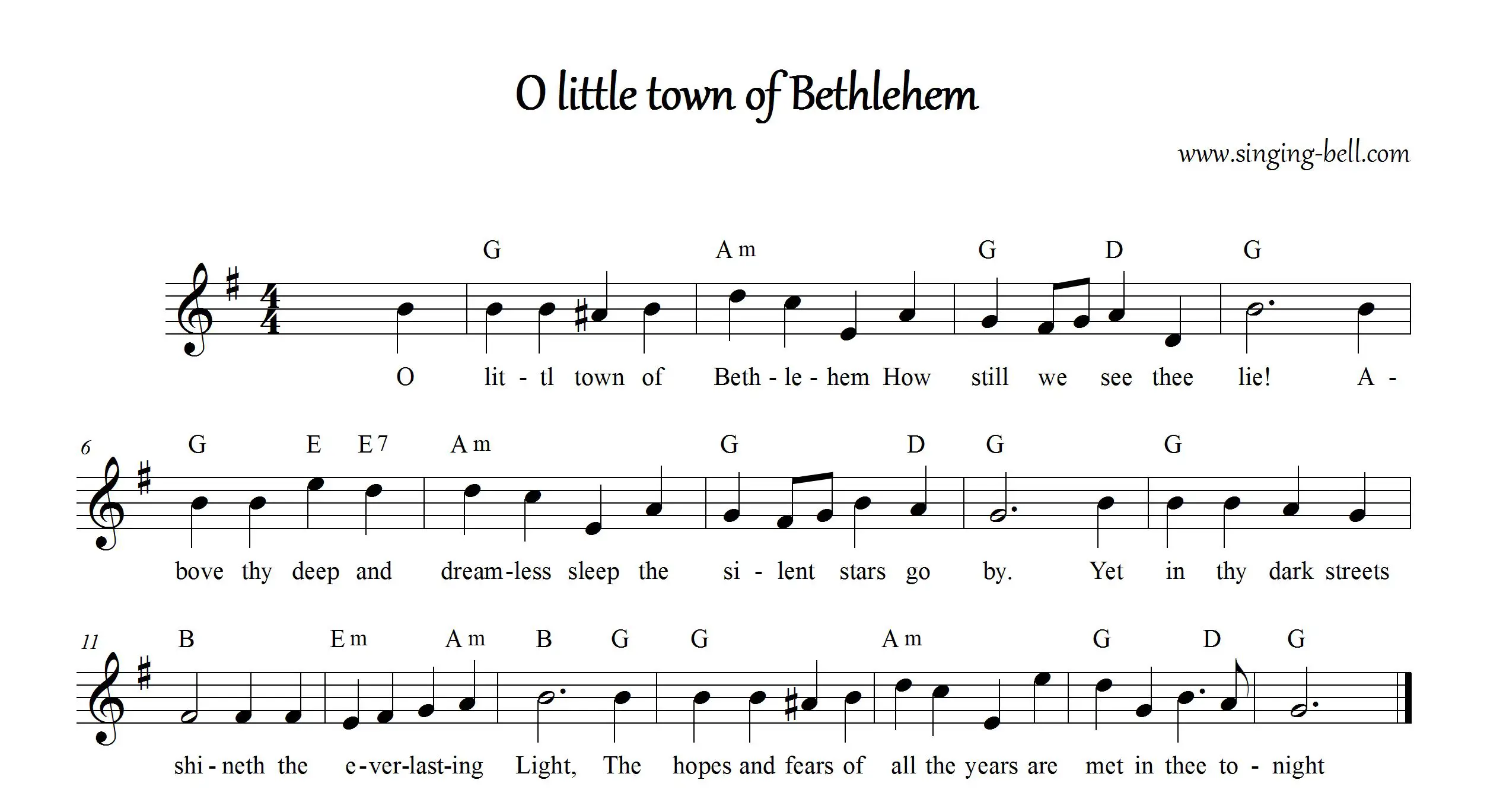 O Little town of Bethlehem sheet music in G