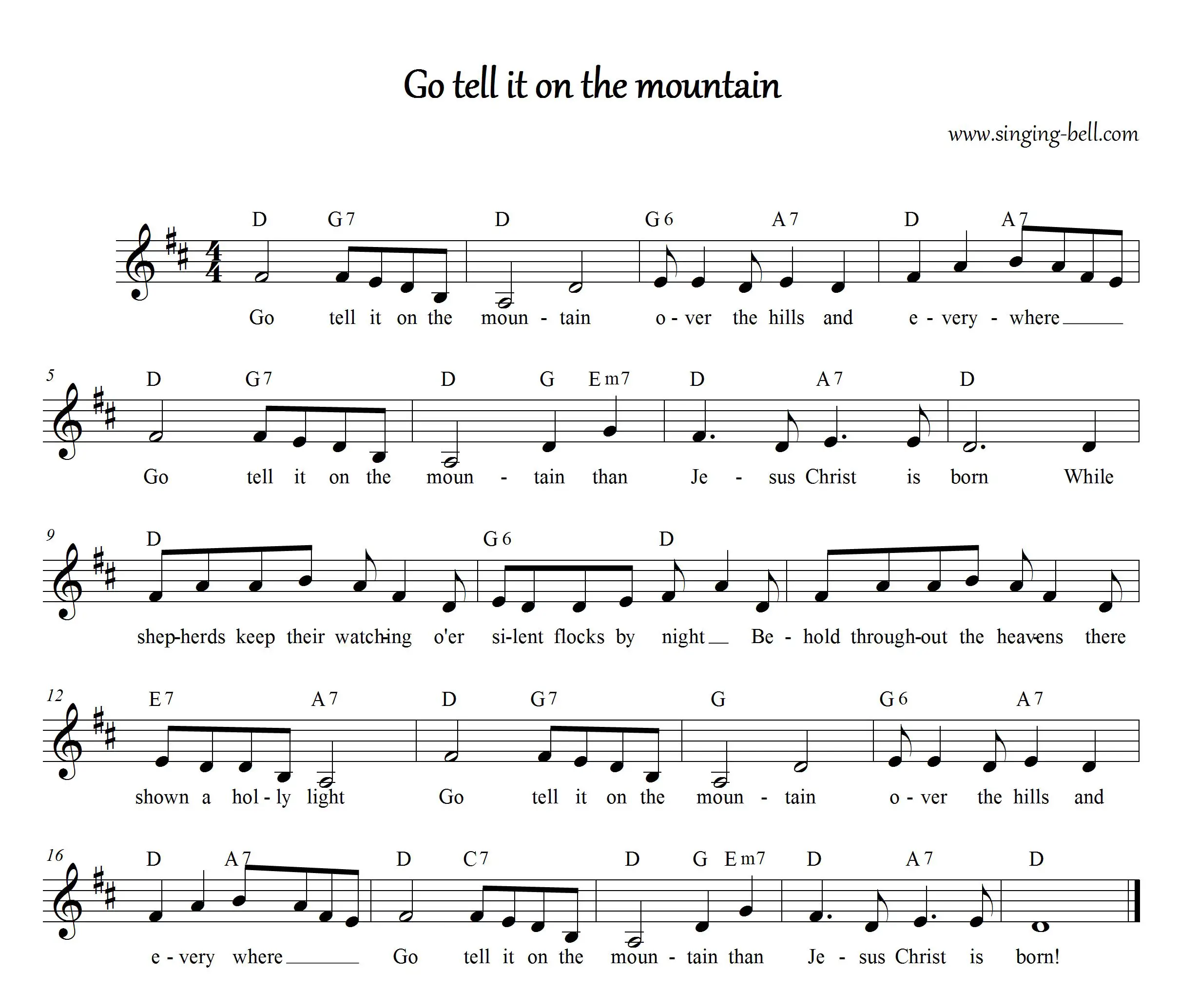 Go Tell it on the Mountain Sheet Music in D