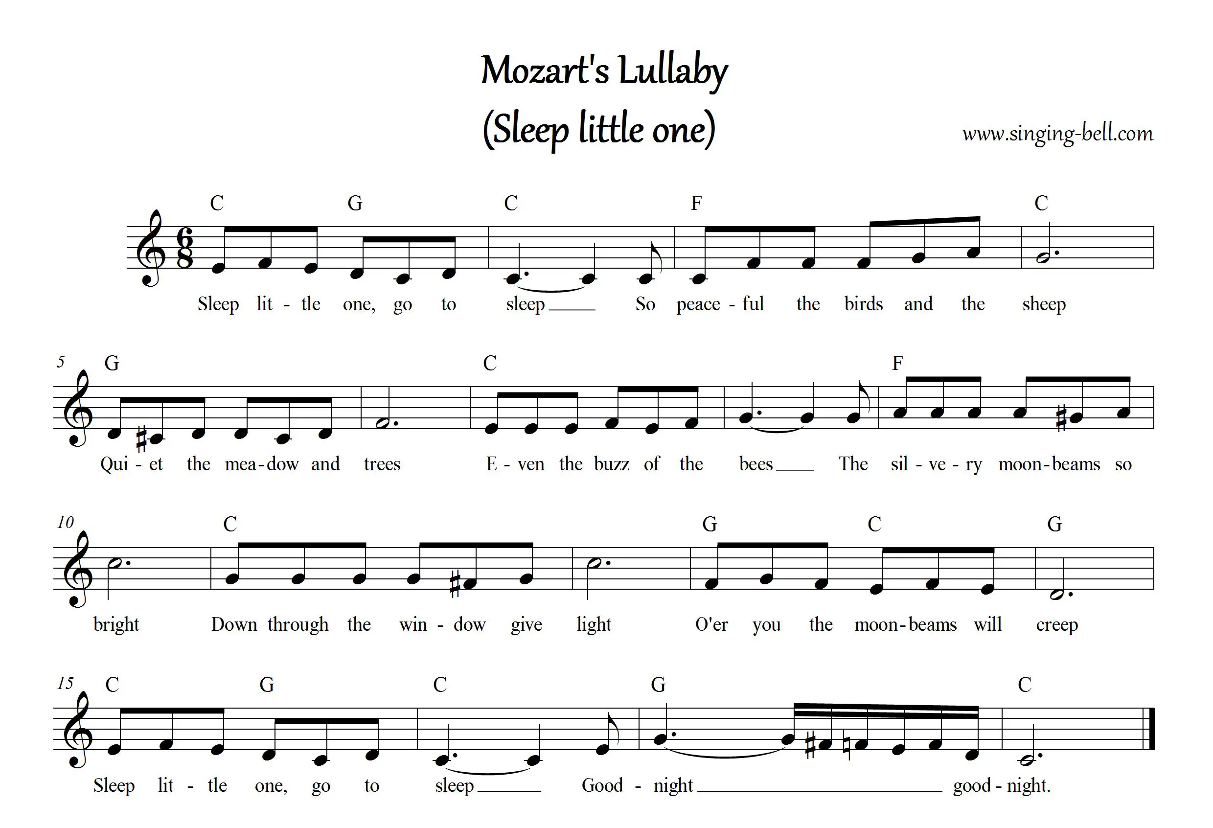 “Mozart's Lullaby (Sleep little one)” Music Score with chords in C