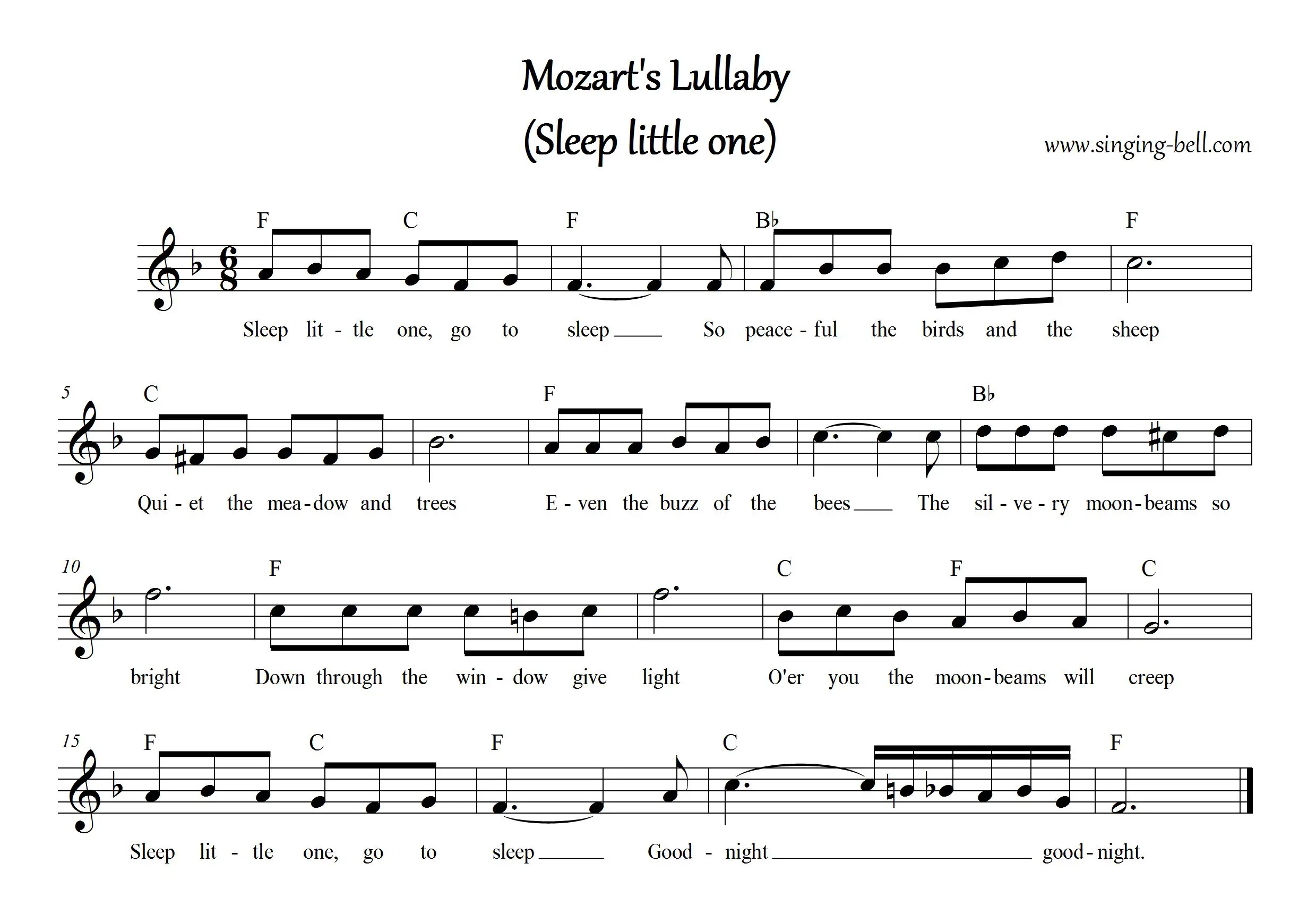 “Mozart's Lullaby (Sleep, little one)” Music Score with chords in F