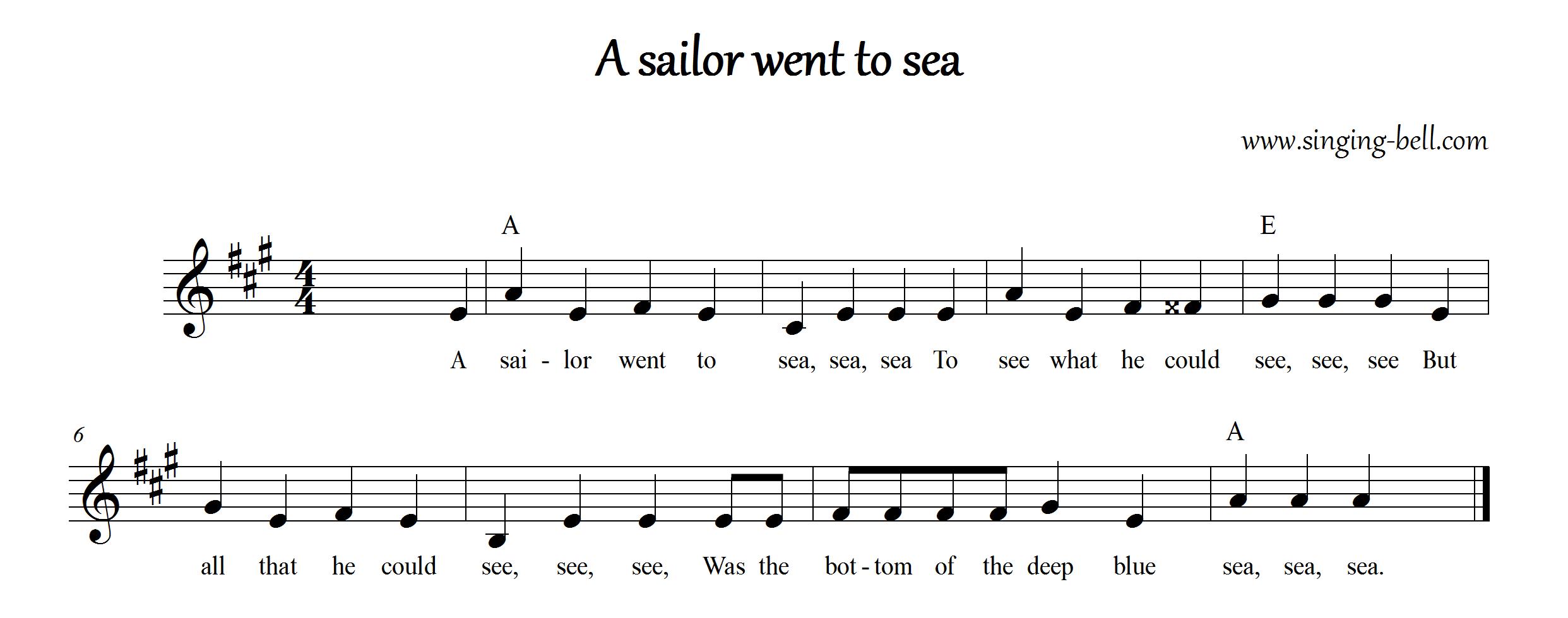“A sailor went to sea” Music Score with chords in A“A sailor went to sea” Music Score with chords in A : Singing Bell