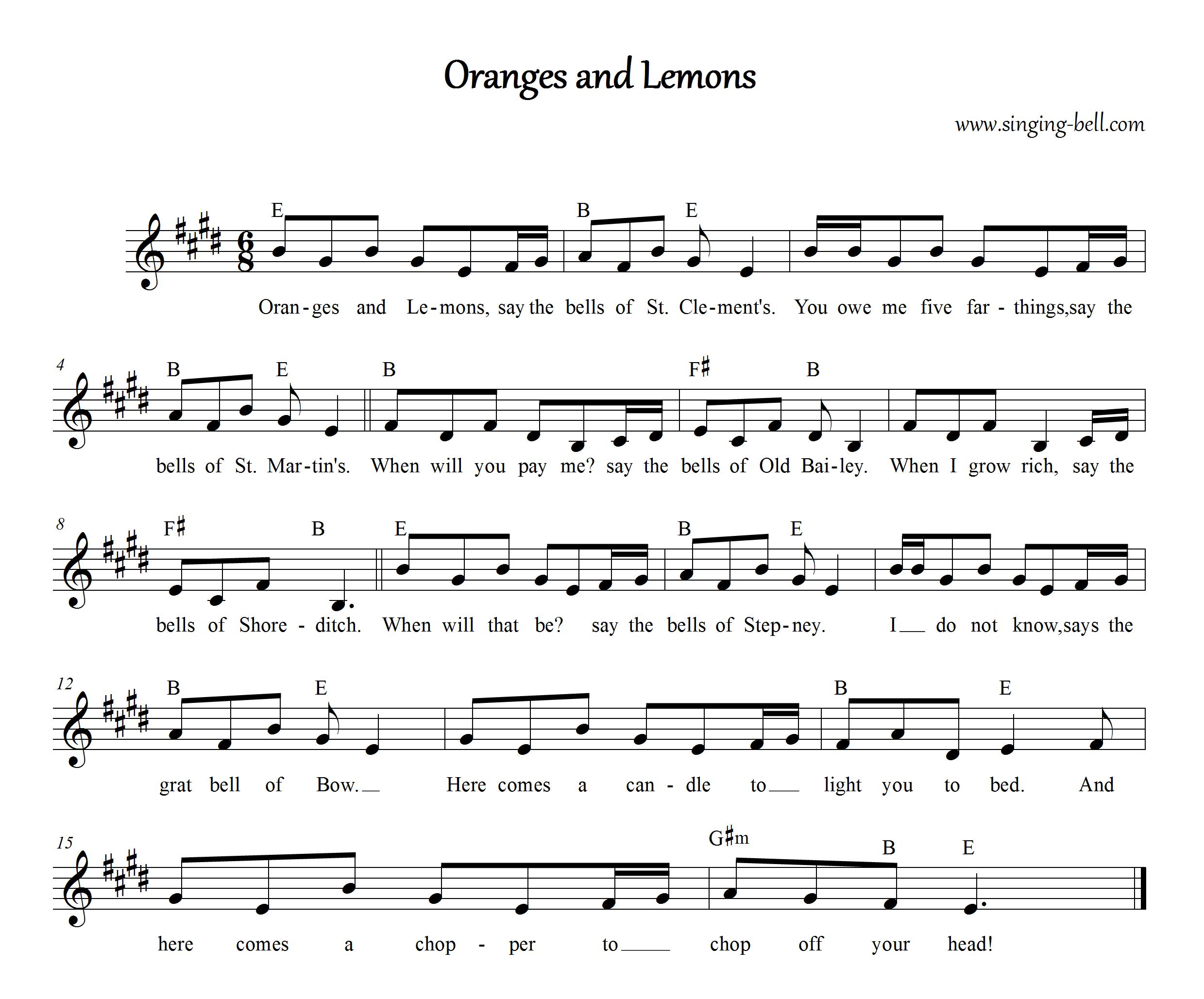 Oranges And Lemons Song Karaoke Printable Score Pdf