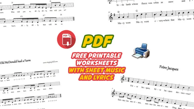 Free Printable PDF worksheets with sheet music and lyrics