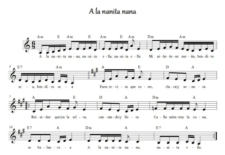 “A la Nanita Nana” partitura musical en A menor