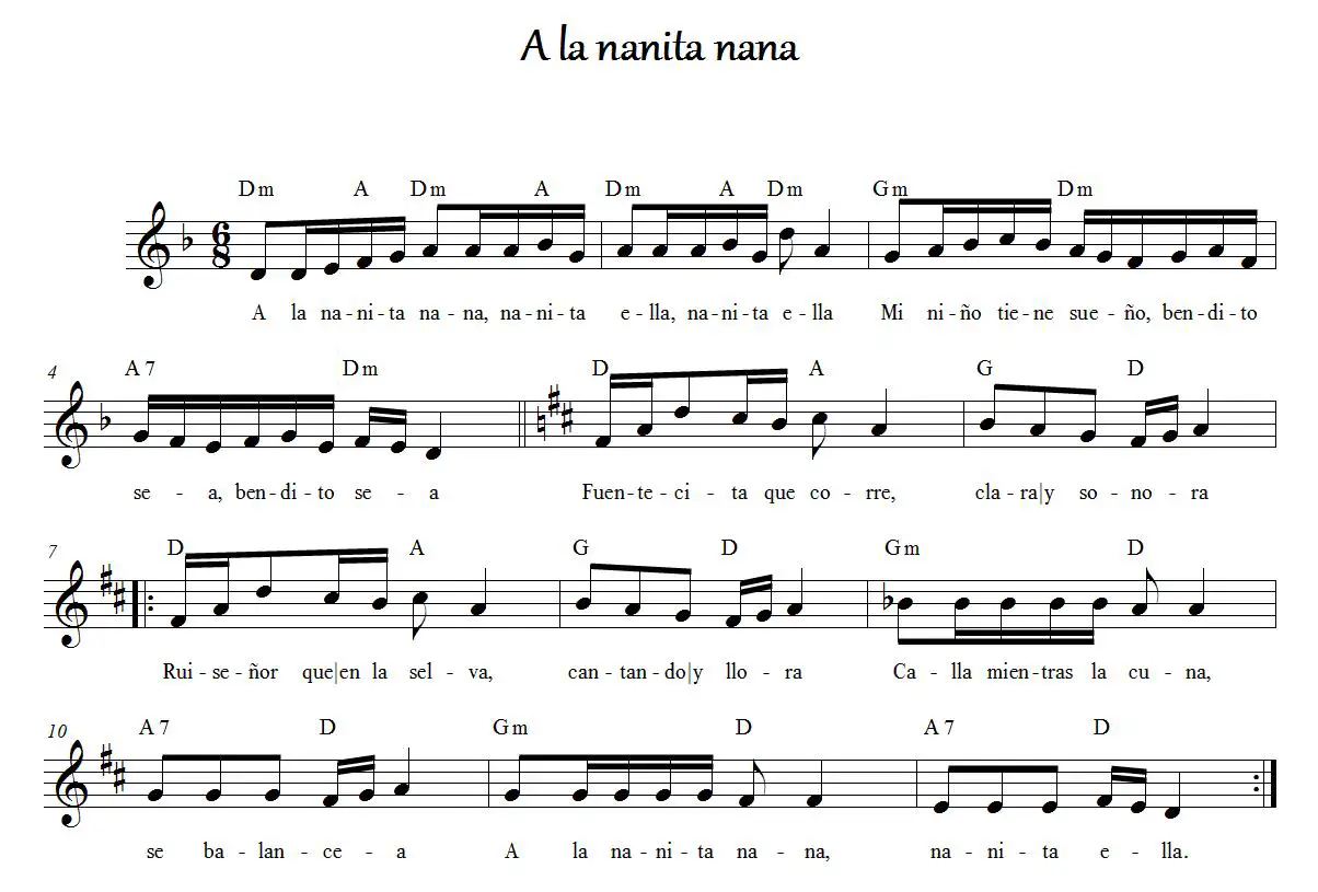“A la Nanita Nana” partitura musical en D menor