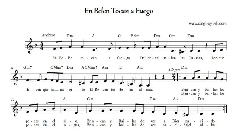 “En Belén Tocan a Fuego” partitura musical