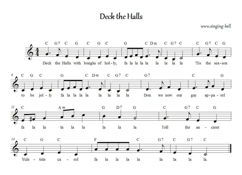 Deck the Halls - Sheet Music with Lyrics (in C)