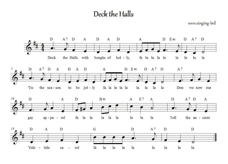 Deck the Halls - Sheet Music with Lyrics (in D)