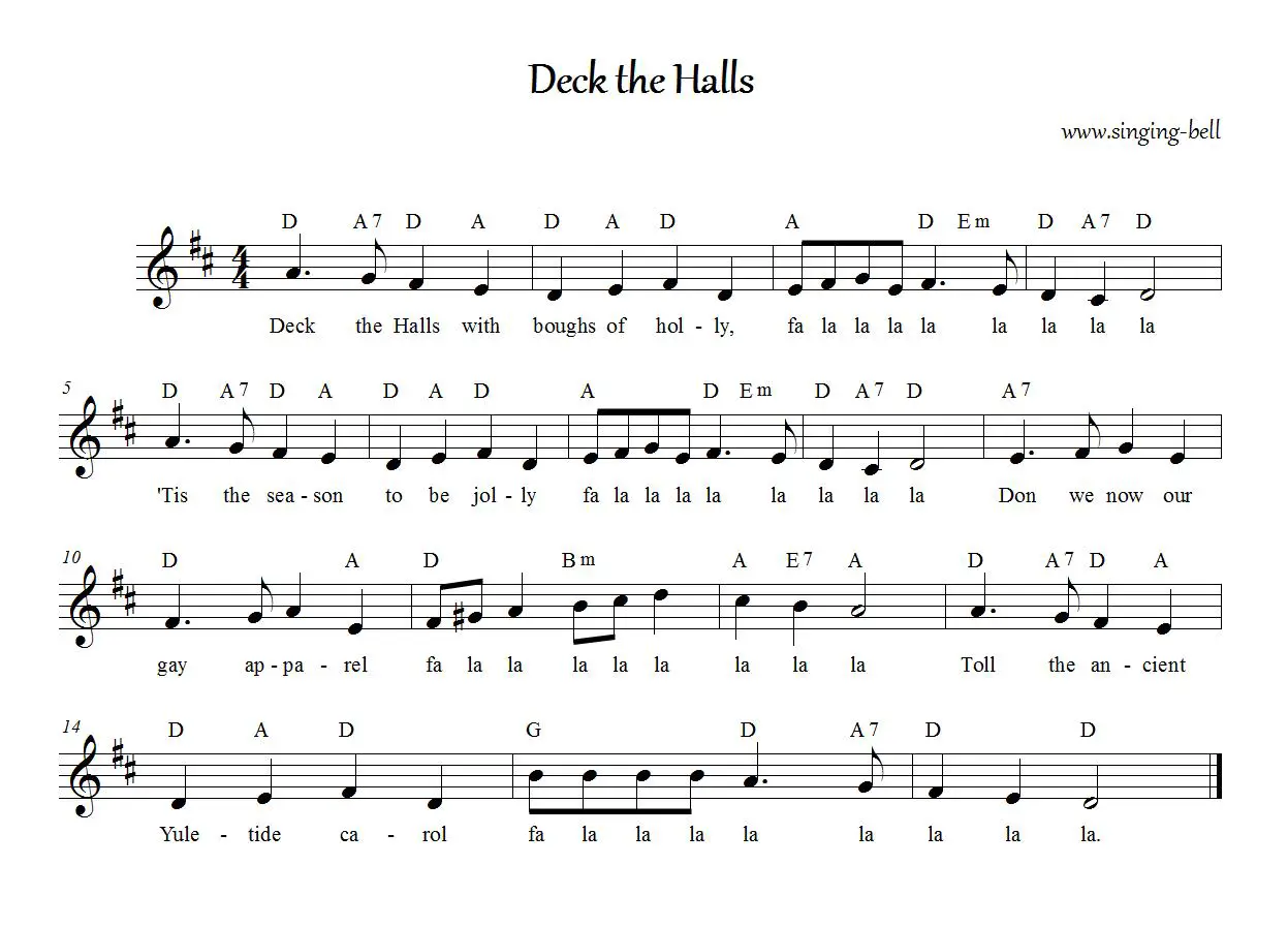 Deck the Halls - Christmas Free Music Score (in D)