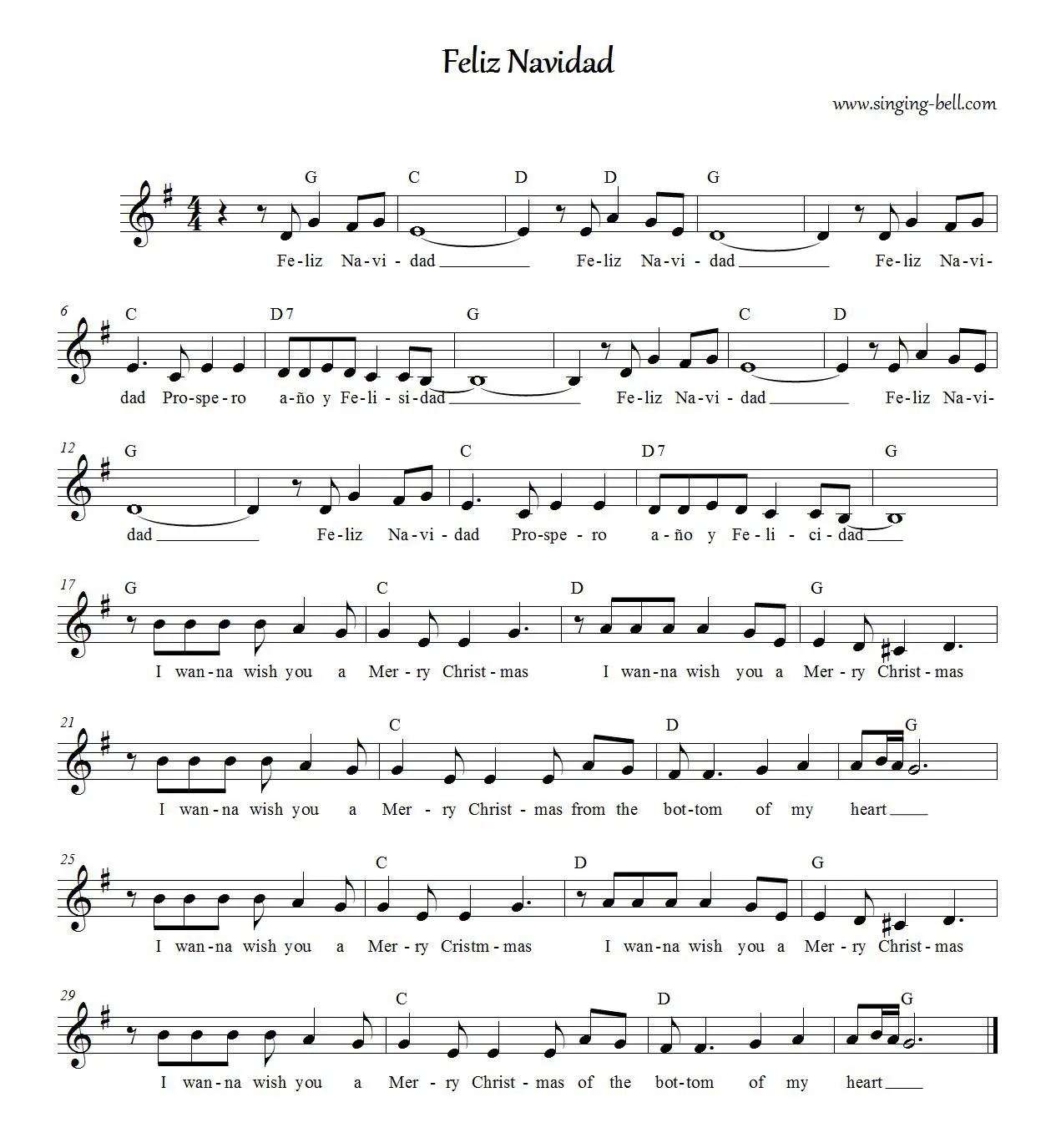 Feliz Navidad Christmas Music Score (in G)