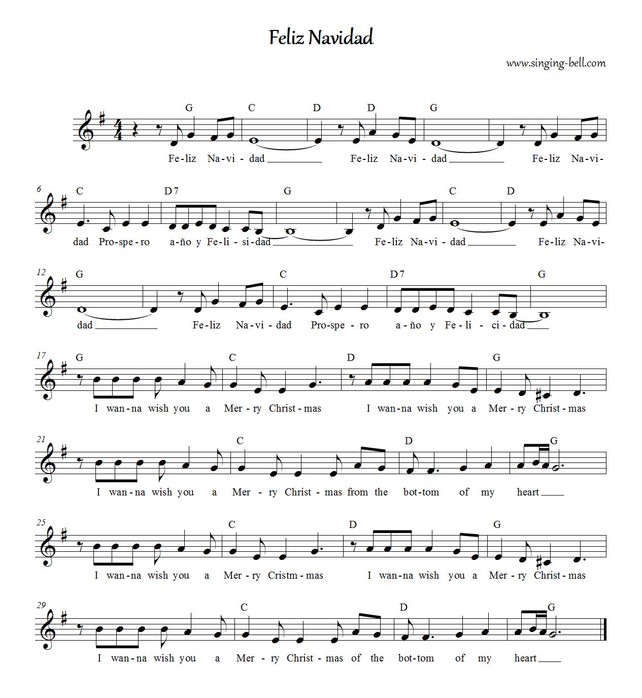 Feliz Navidad - Sheet music with chords in G