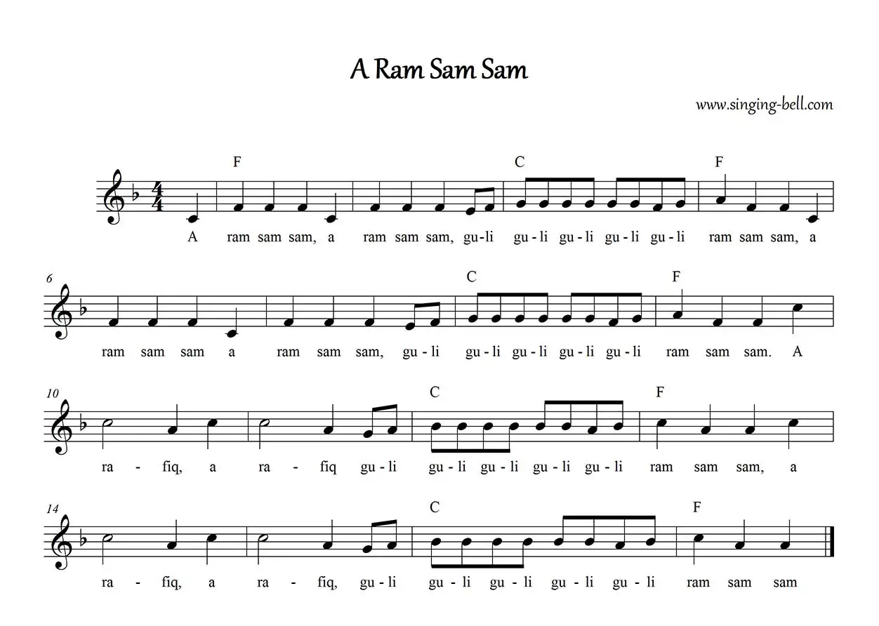 A Ram Sam Sam easy piano sheet music notes chords