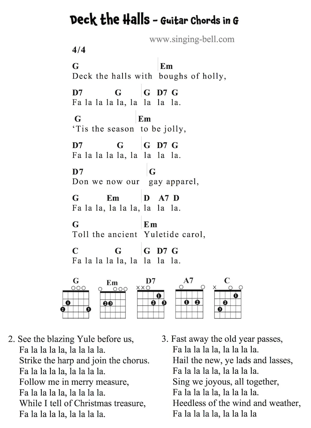 Deck the Halls Guitar Chords and tabs in G.