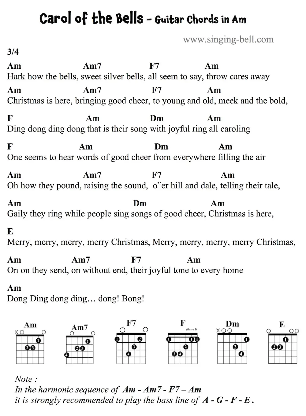 Carol of the bells Guitar chords and tabs in Am.