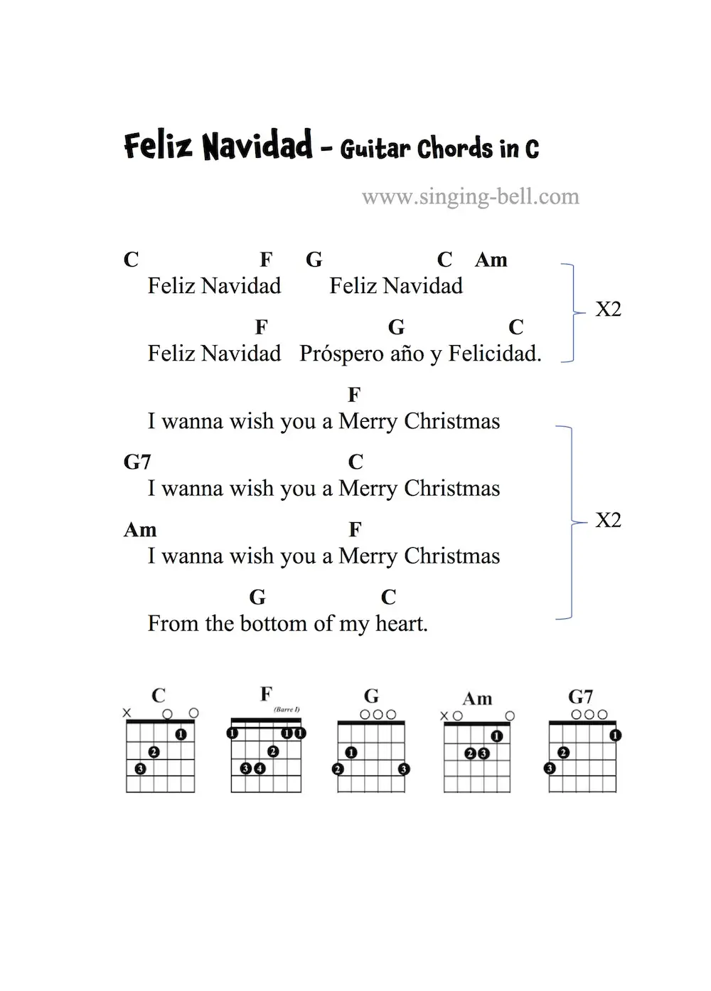Feliz Navidad - Guitar Chords and Tabs in C.