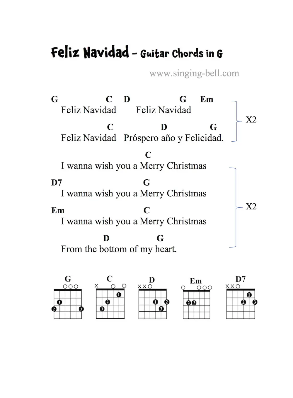 Feliz Navidad - Guitar Chords and Tabs in G.